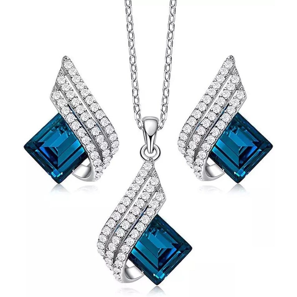 Shining Diva Fashion Angel Wings Platinum Plated Crystal Pendant Necklace Jewellery Set Gifts for Women and Girls (Blue) (14622s)