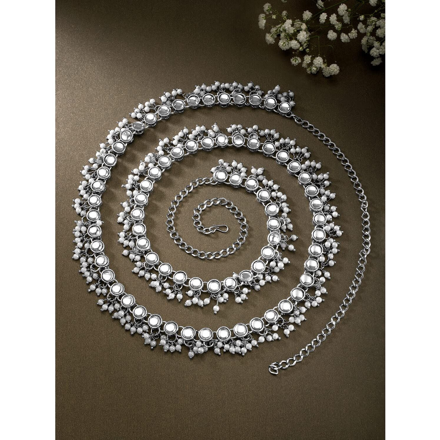 Peora Traditional Jewellery Silver Plated White Kundan Baby Pearl Waist Belt Kamar bandh Belly Chain for Women Girls