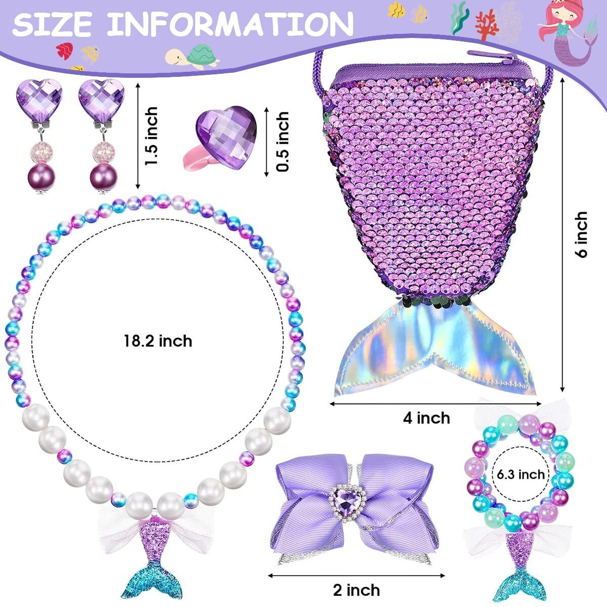 SANNIDHI Mermaid Kids Jewelry Set, Cute Pearl Necklace Bracelet Set for Girls, Included Sling Bag Hair Bow Ring Earrings, Mermaid Princess Jewelry Kit for Theme Party Dress Up Christmas Gift