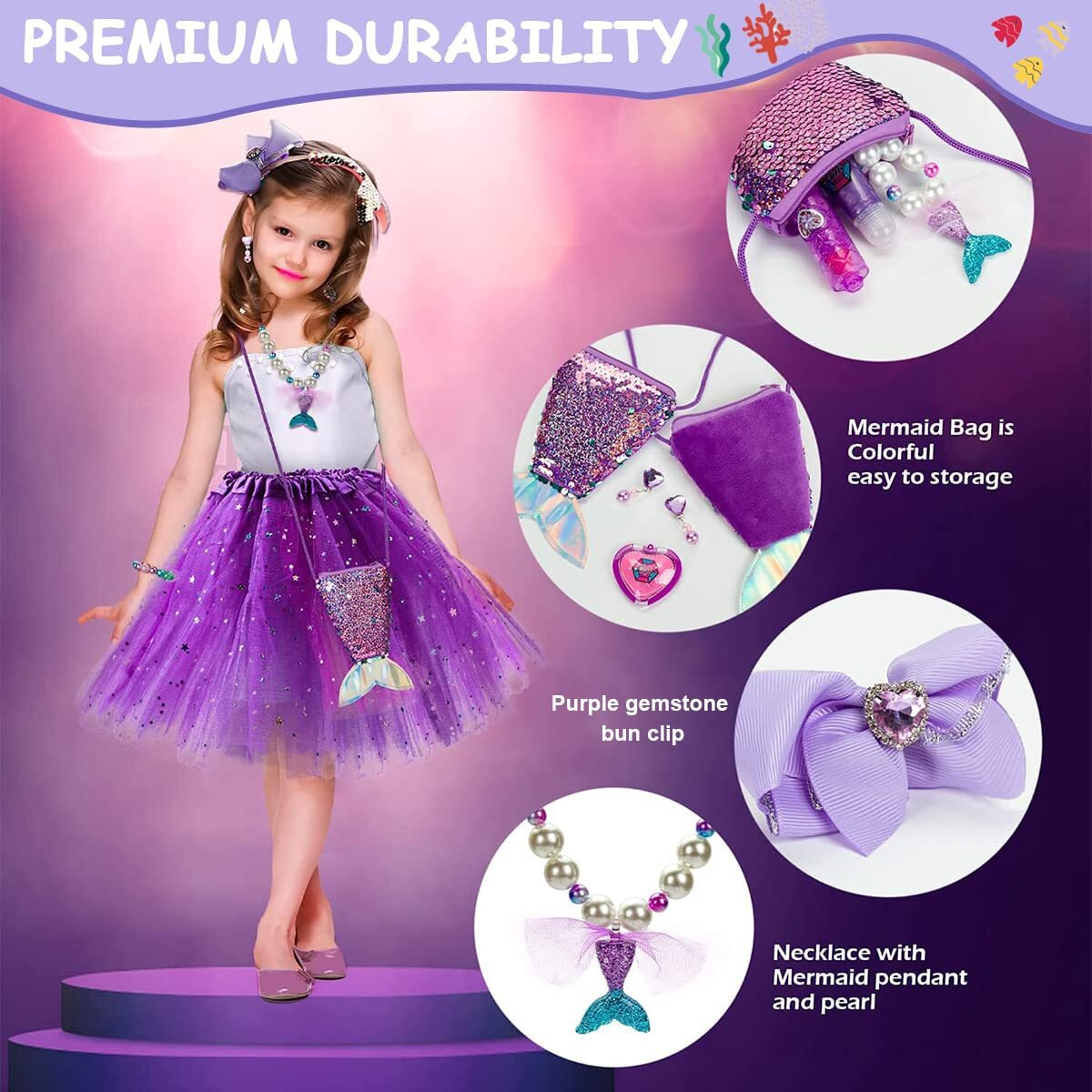 SANNIDHI Mermaid Kids Jewelry Set, Cute Pearl Necklace Bracelet Set for Girls, Included Sling Bag Hair Bow Ring Earrings, Mermaid Princess Jewelry Kit for Theme Party Dress Up Christmas Gift