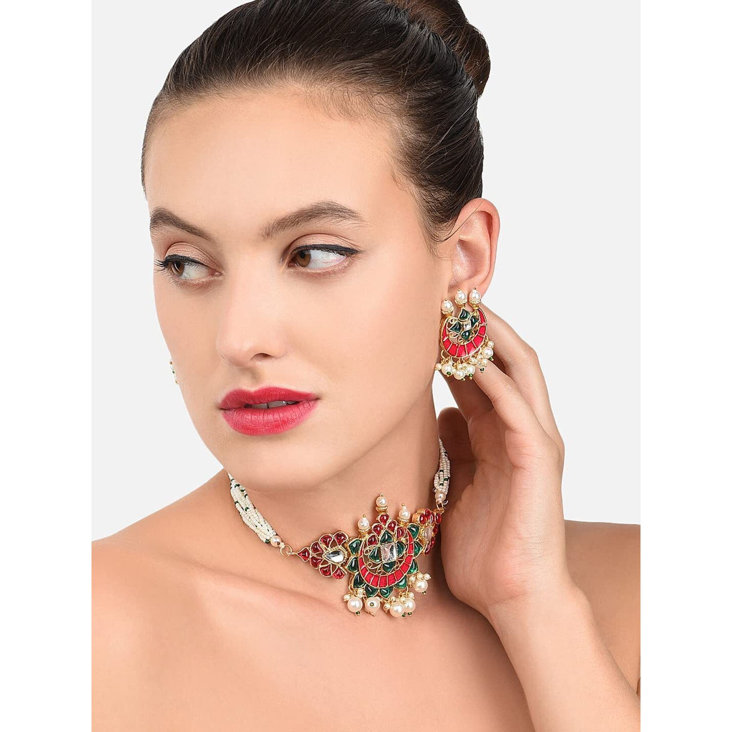 ZAVERI PEARLS Pink & Green Meenakari Multistrand Pearls Choker Necklace & Earring Set For Women-ZPFK10242