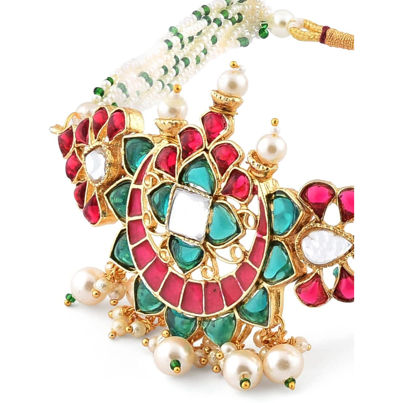 ZAVERI PEARLS Pink & Green Meenakari Multistrand Pearls Choker Necklace & Earring Set For Women-ZPFK10242