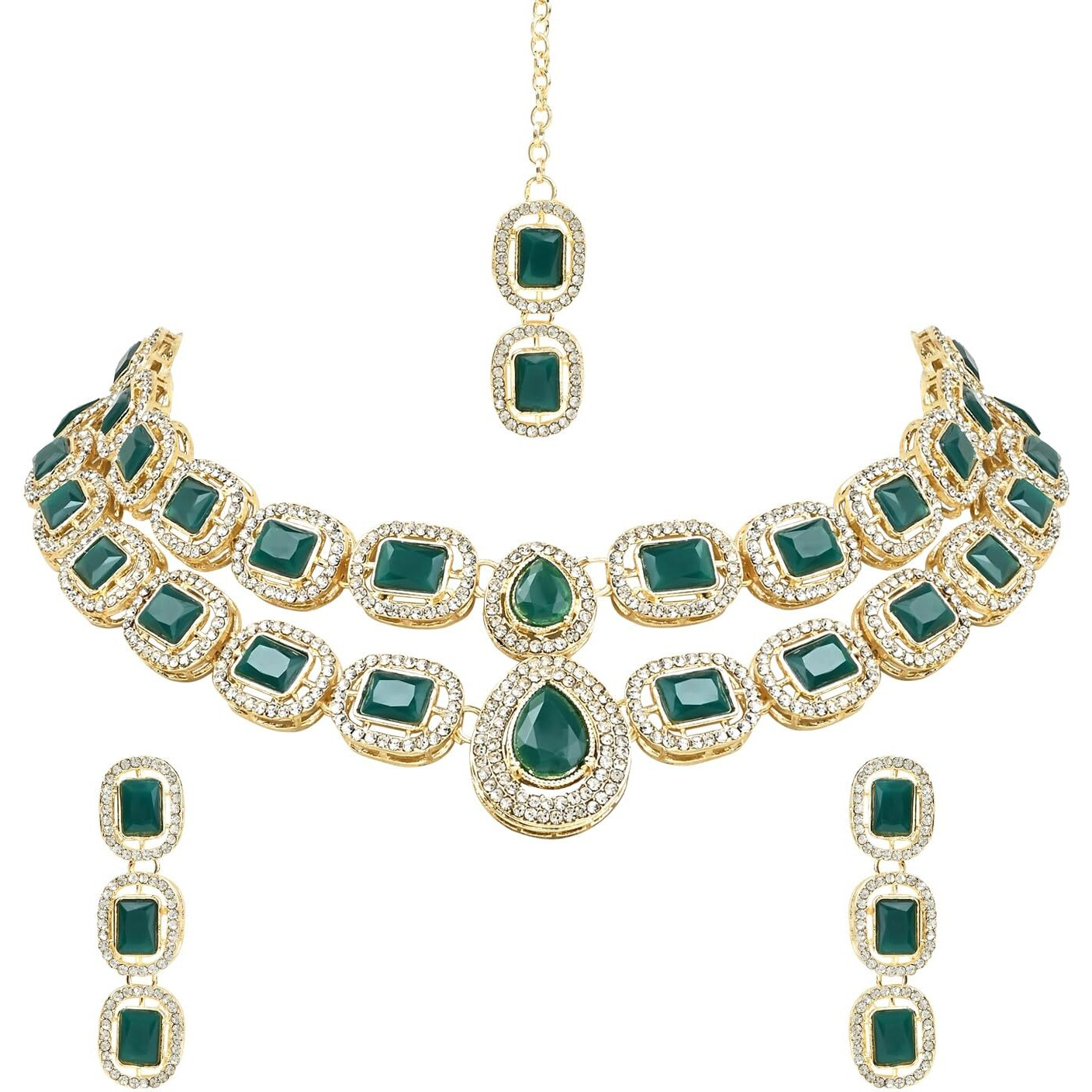 I Jewels Gold Plated Traditional Stone Choker Necklace Jewellery With Earring & Maang Tikka Set For Women And Girls (Green)