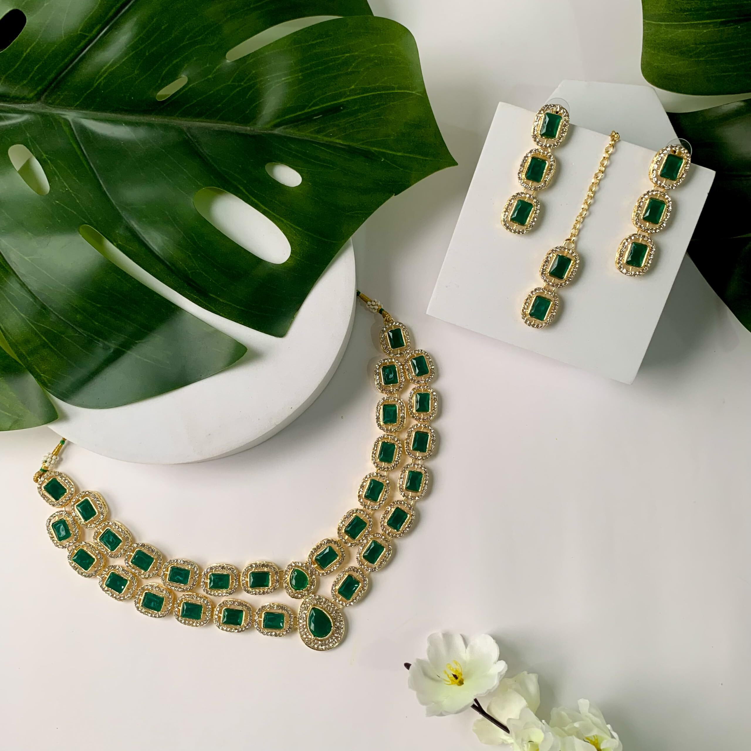 I Jewels Gold Plated Traditional Stone Choker Necklace Jewellery With Earring & Maang Tikka Set For Women And Girls (Green)