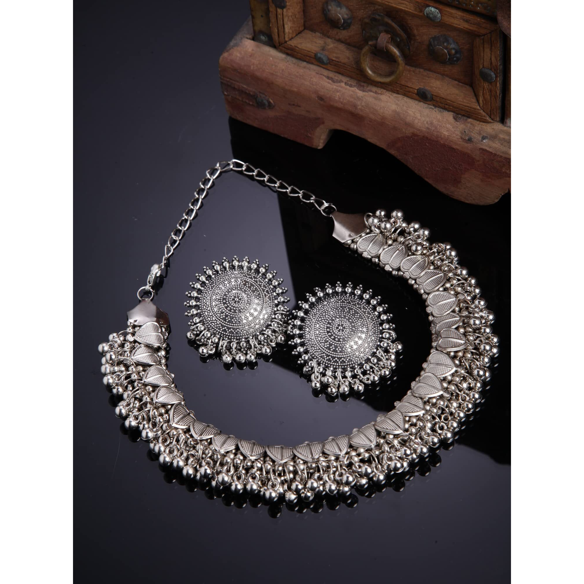 Shining Diva Fashion Latest Stylish Traditional Oxidised Silver Necklace Jewellery Set for Women (13157s)