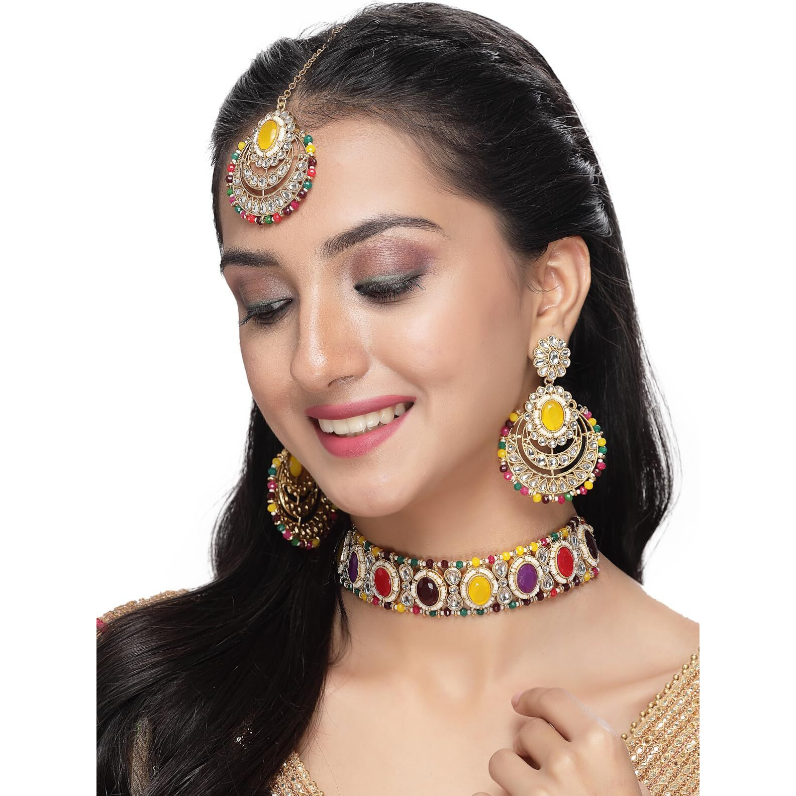 Sukkhi Indian Traditional Gold Plated Multicolor Stone & Beads Choker Necklace Set With Earring And Maangtika | Jewellery Set For Women (NS105711)