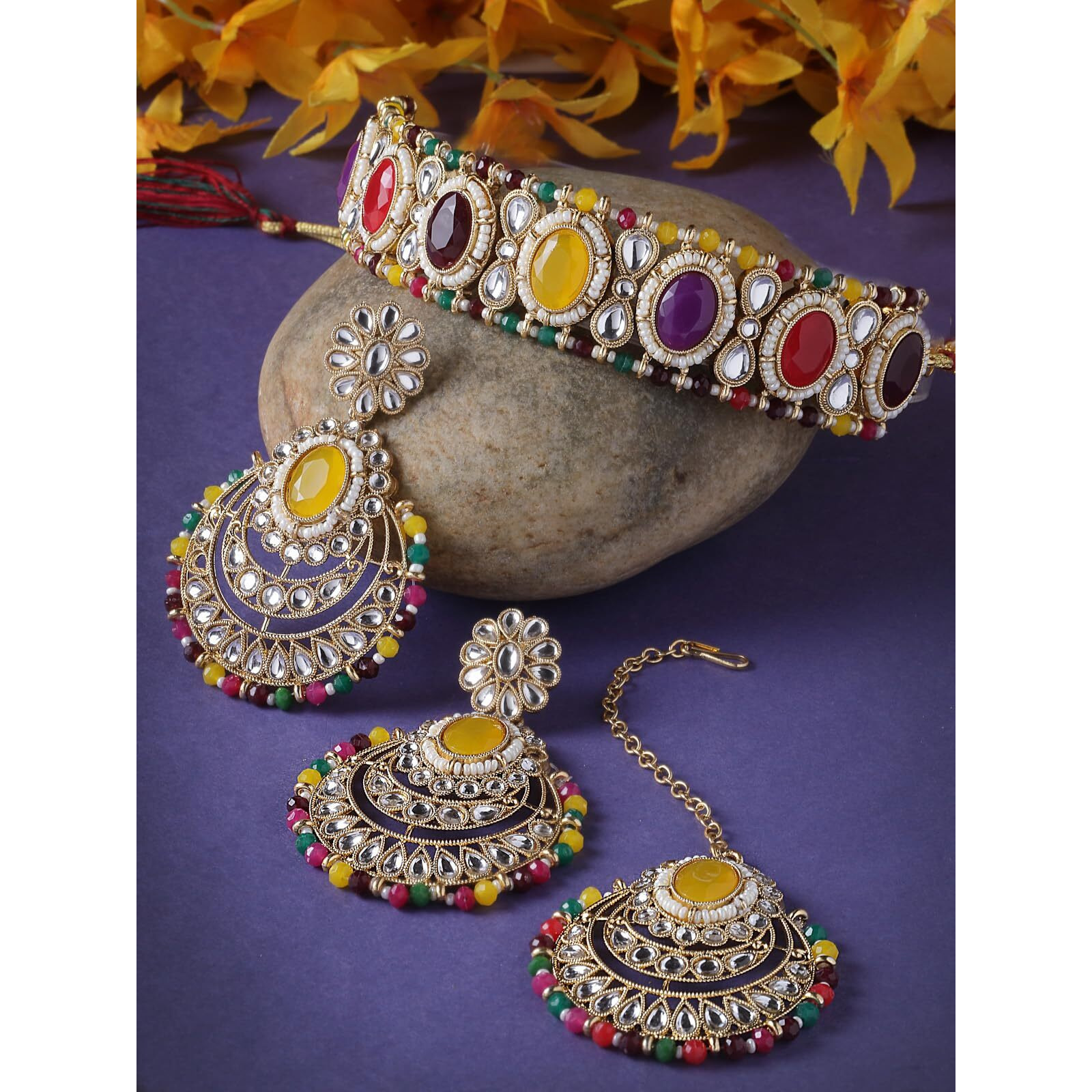 Sukkhi Indian Traditional Gold Plated Multicolor Stone & Beads Choker Necklace Set With Earring And Maangtika | Jewellery Set For Women (NS105711)
