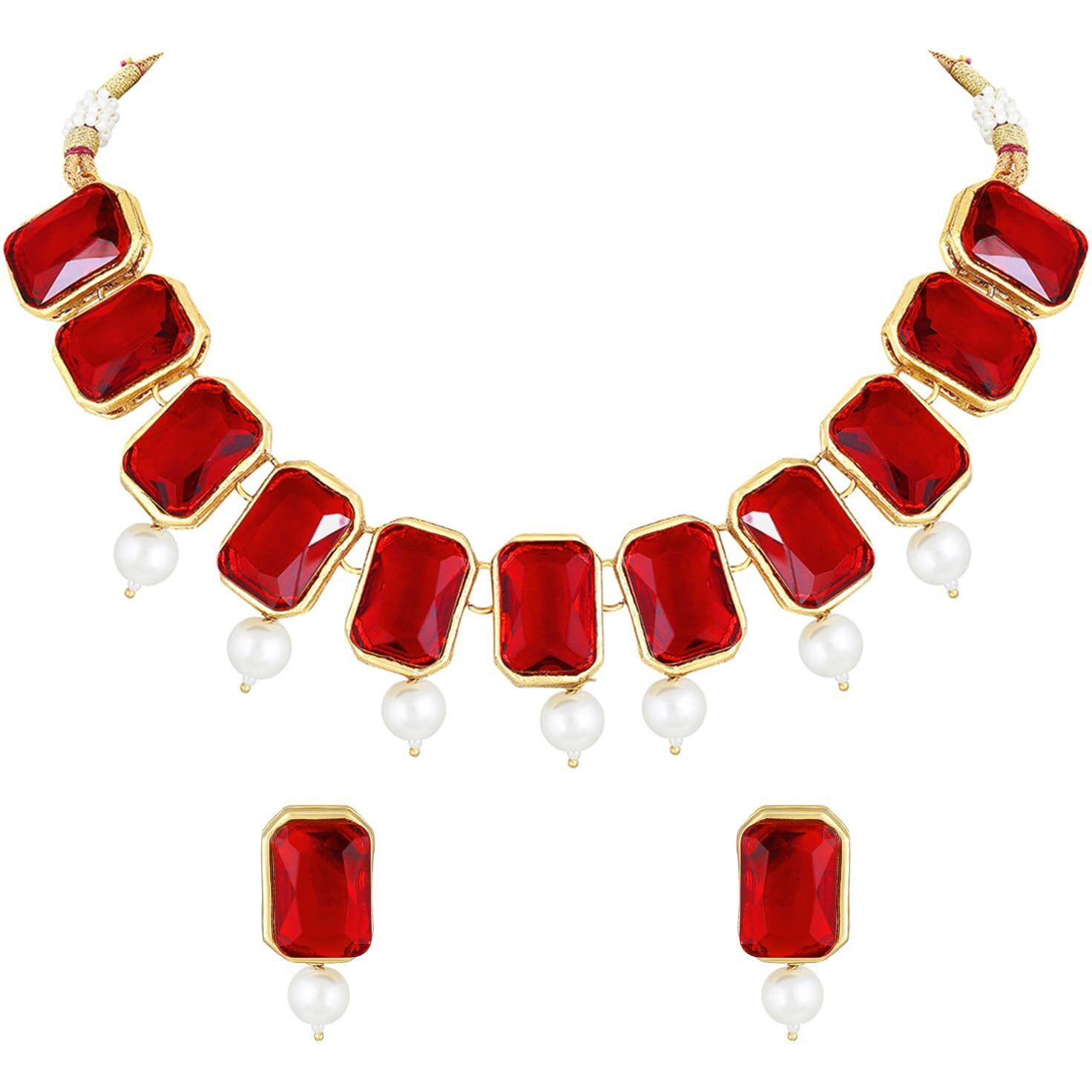Peora Traditional Jewellery Crystal Pearl Choker Necklace & Earring Jewellery Set for Women Girls (Red)