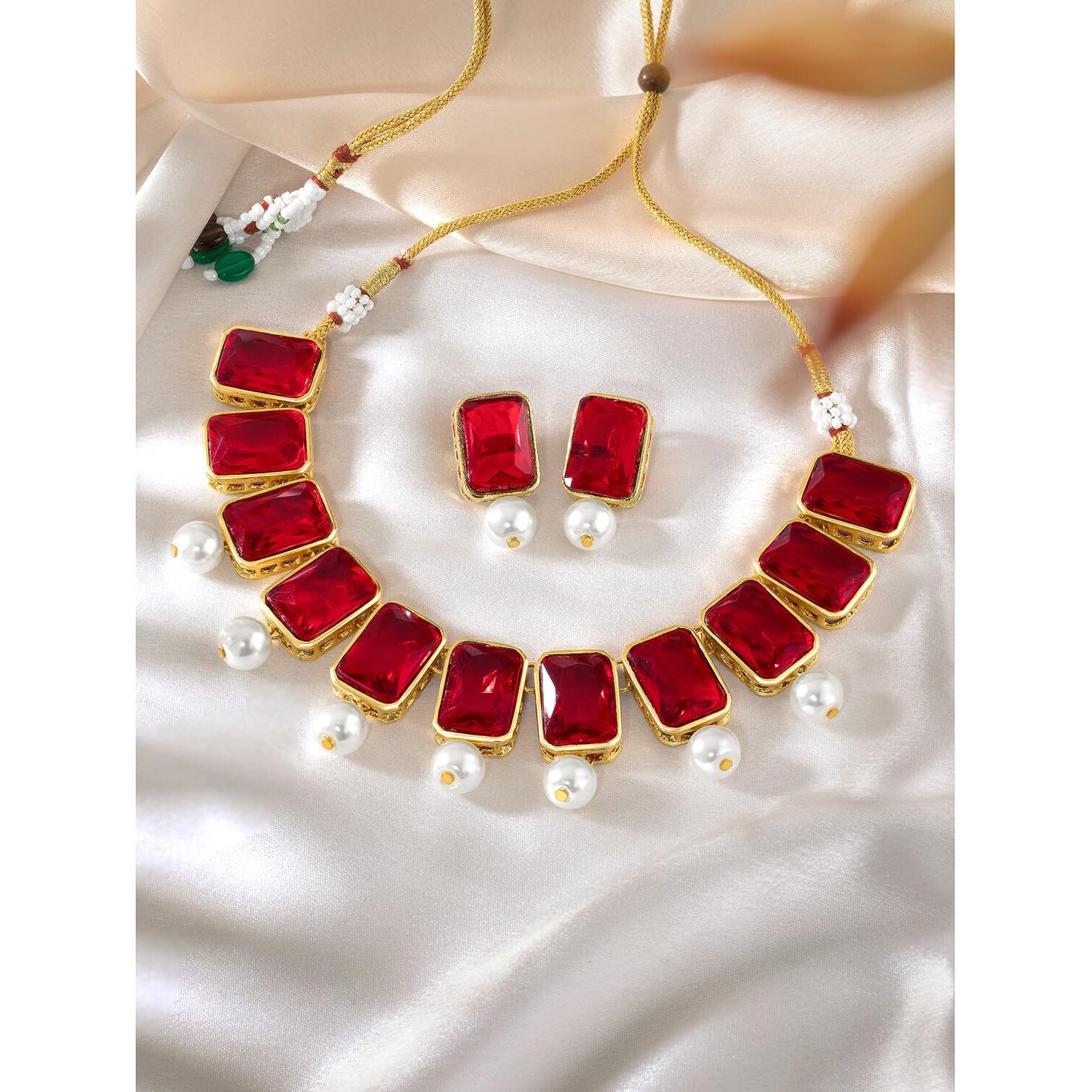 Peora Traditional Jewellery Crystal Pearl Choker Necklace & Earring Jewellery Set for Women Girls (Red)
