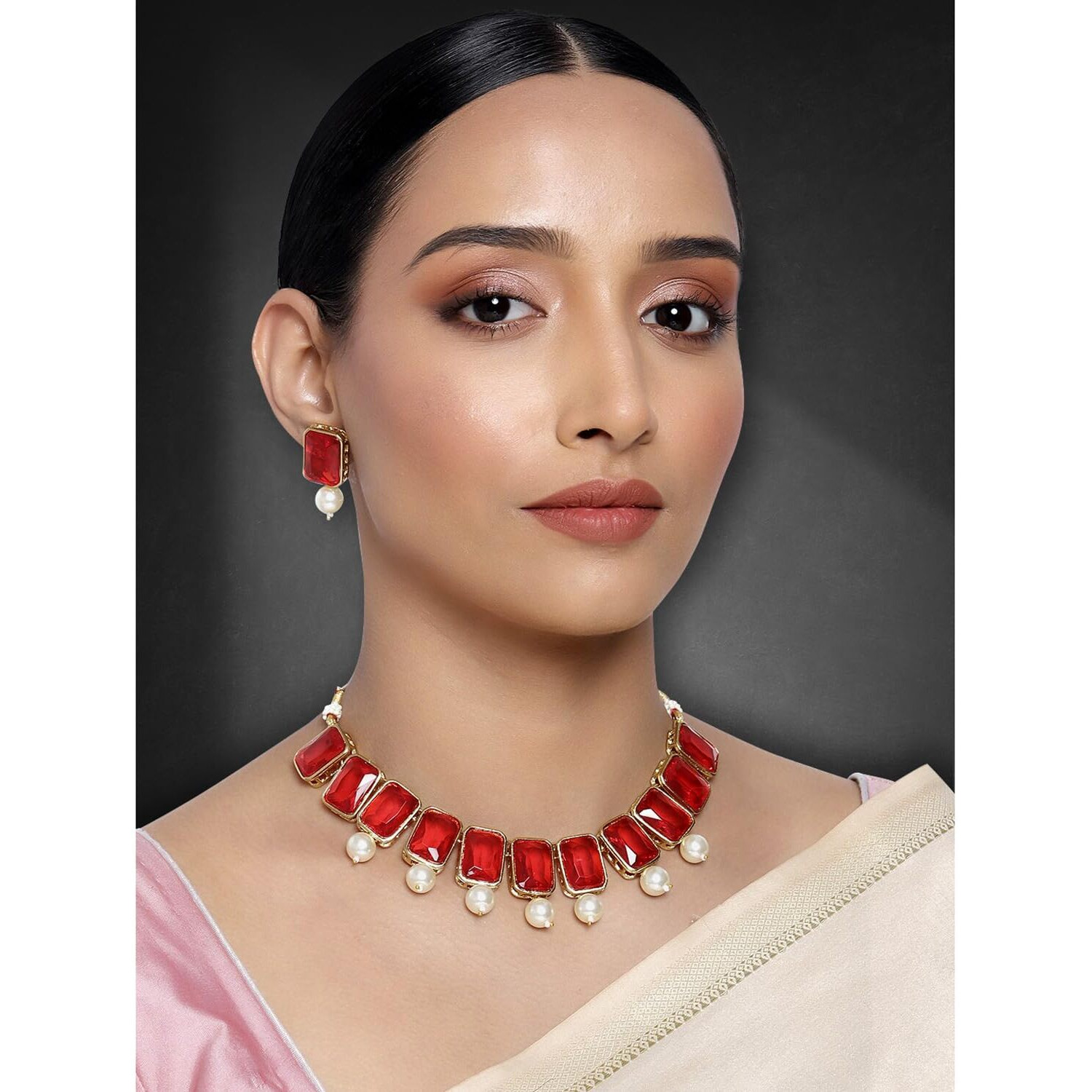 Peora Traditional Jewellery Crystal Pearl Choker Necklace & Earring Jewellery Set for Women Girls (Red)