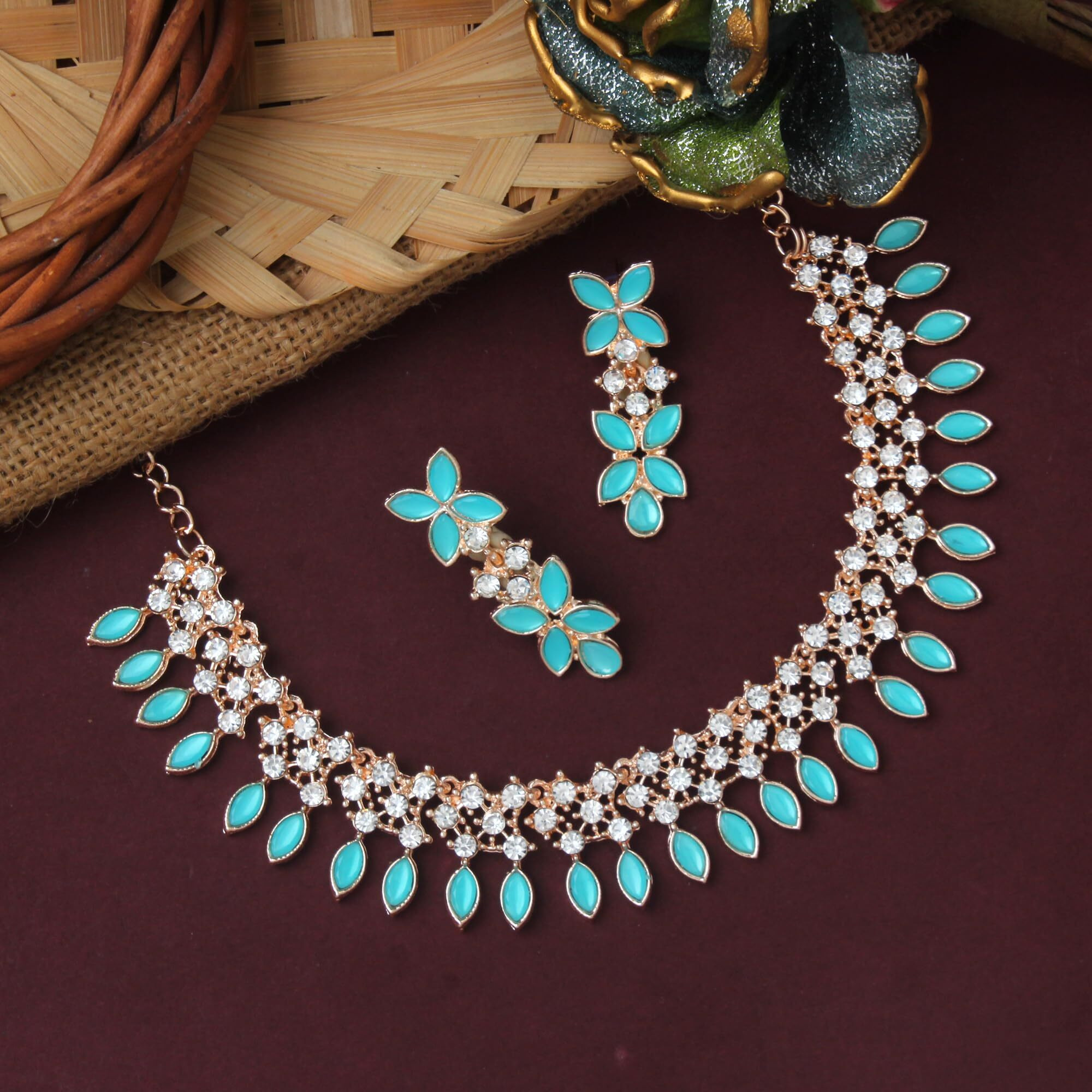 Atasi International Mint Blue Color Crystals Gold Plated Necklace Jewellery Set with Earrings for Women Ideal for Party, Wedding, Festivals (MB5775)