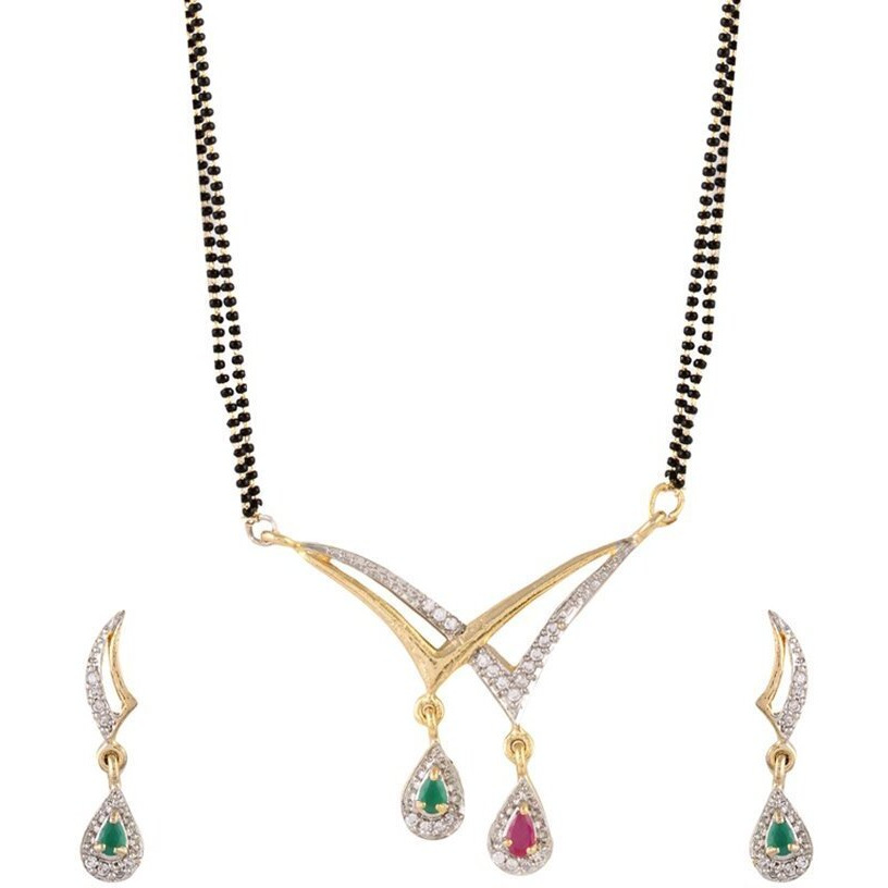 ZENEME Mangalsutra Gold Plated American Diamond Studded Tanmaniya Nallapusalu With Earrings Jewellery For Women (Style 5)