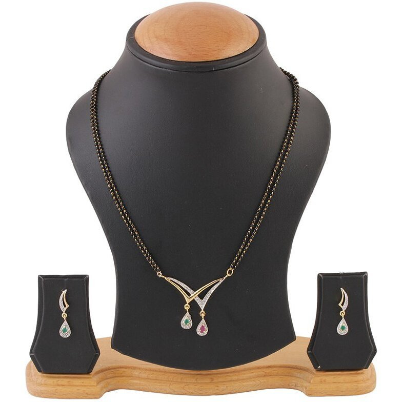 ZENEME Mangalsutra Gold Plated American Diamond Studded Tanmaniya Nallapusalu With Earrings Jewellery For Women (Style 5)