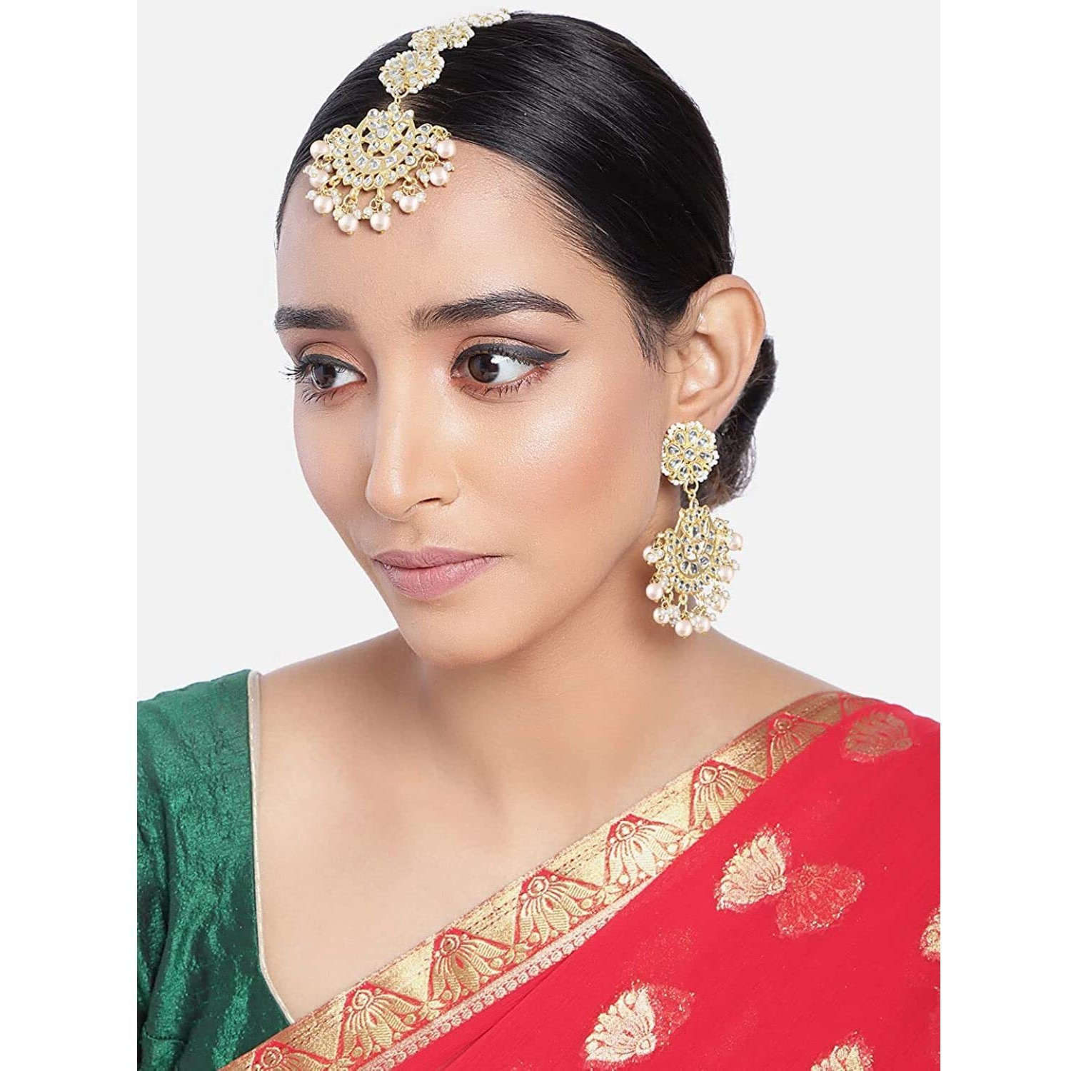 I Jewels Gold Plated With Stunning Matte Finish Traditional Kundan & Faux Pearl Chandbali Earrings With Maang Tikka Set (Te2911W, Womens)