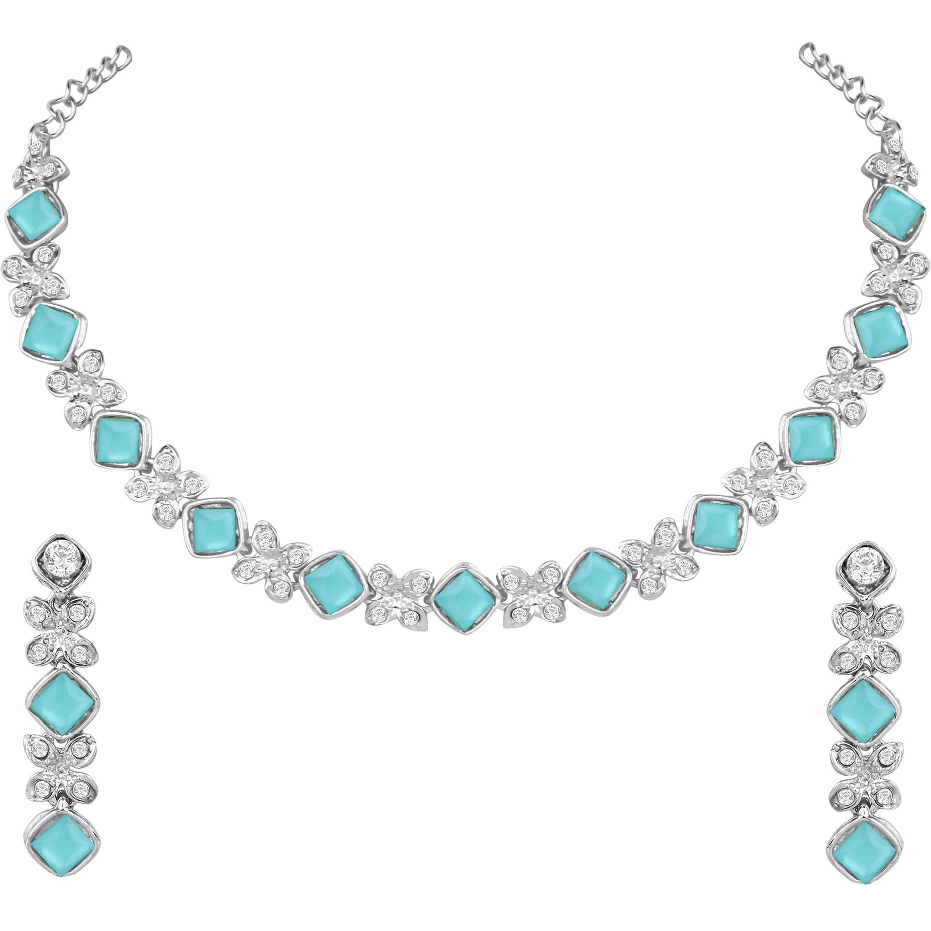 Atasi International Silver Plated Blue Crystals AD Diamond Style Delicate Necklace Jewellery Set for Women & GIrls (RMB1744)