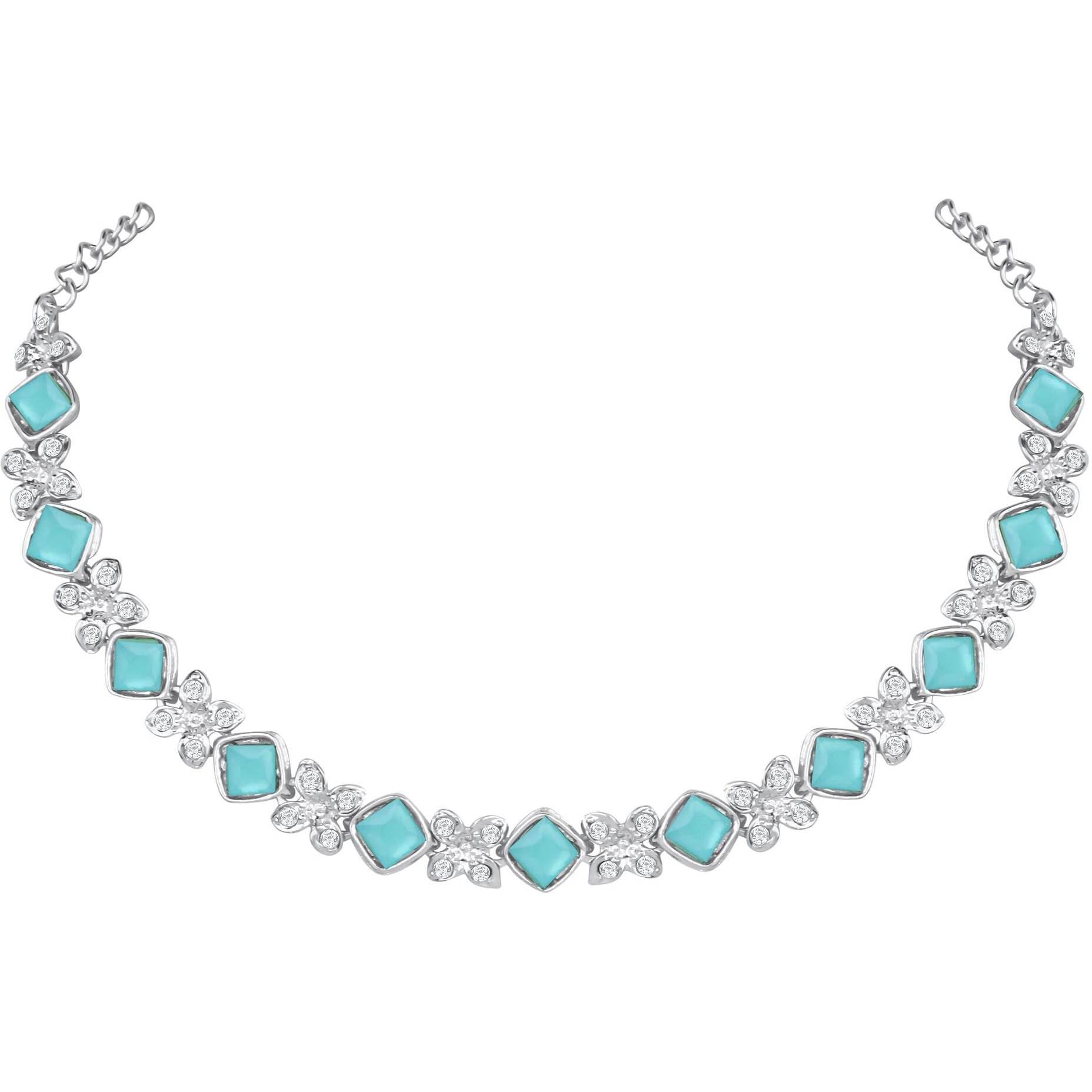 Atasi International Silver Plated Blue Crystals AD Diamond Style Delicate Necklace Jewellery Set for Women & GIrls (RMB1744)