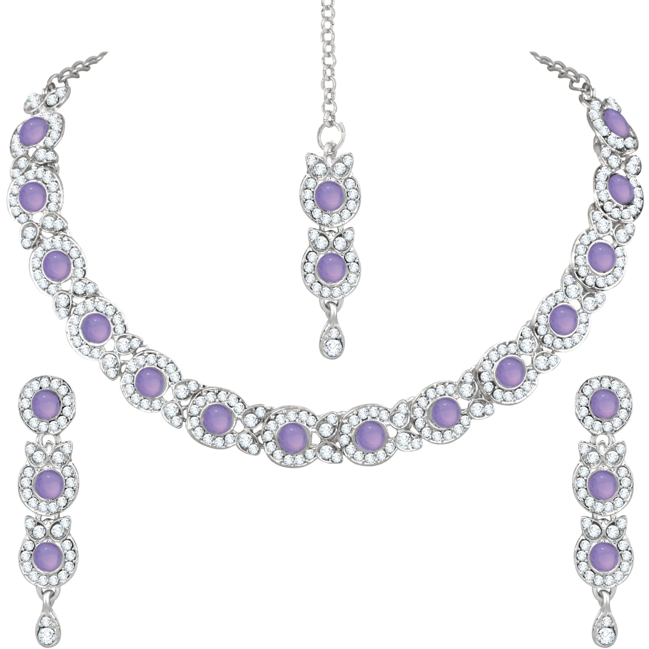 Atasi International Women Silver Plated Necklace with Earrings, Maang Tikka - Jewellery Set For Weddings, Parties and Festivals - Purple & Silver (RPU5705)