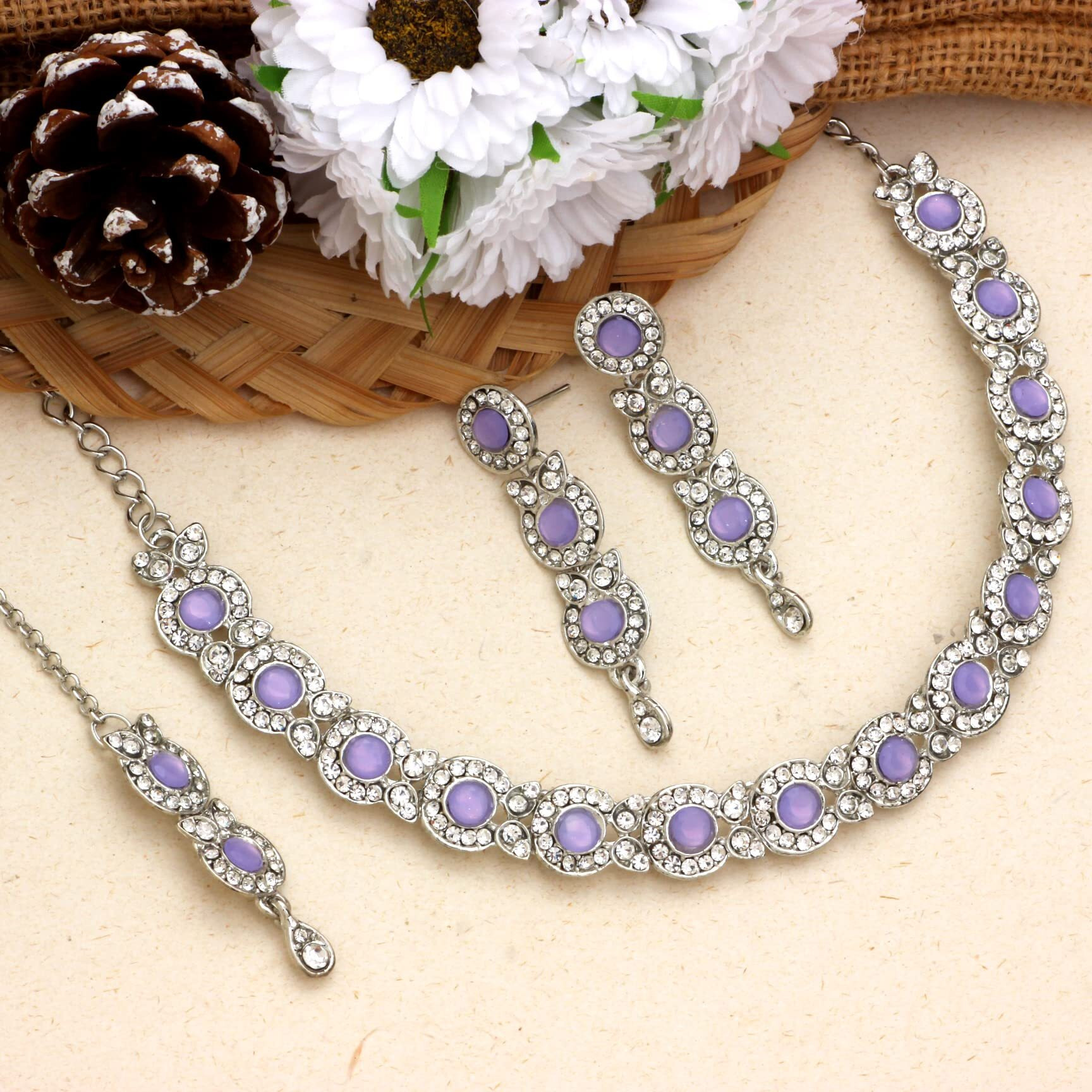 Atasi International Women Silver Plated Necklace with Earrings, Maang Tikka - Jewellery Set For Weddings, Parties and Festivals - Purple & Silver (RPU5705)