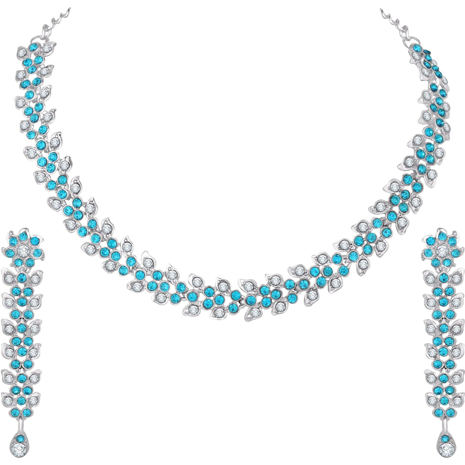 Atasi International Silver Plated Aqua Blue Crystal AD Style Necklace Jewellery Set with Earrings For Women & Girls for Party, Wedding, Festive (RF1747)