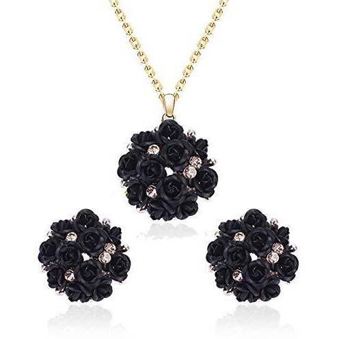 YouBella Jewellery Stylish Gold Plated Floral Necklace Jewellery Set with Earrings and Ring for Women and Girls (Black)