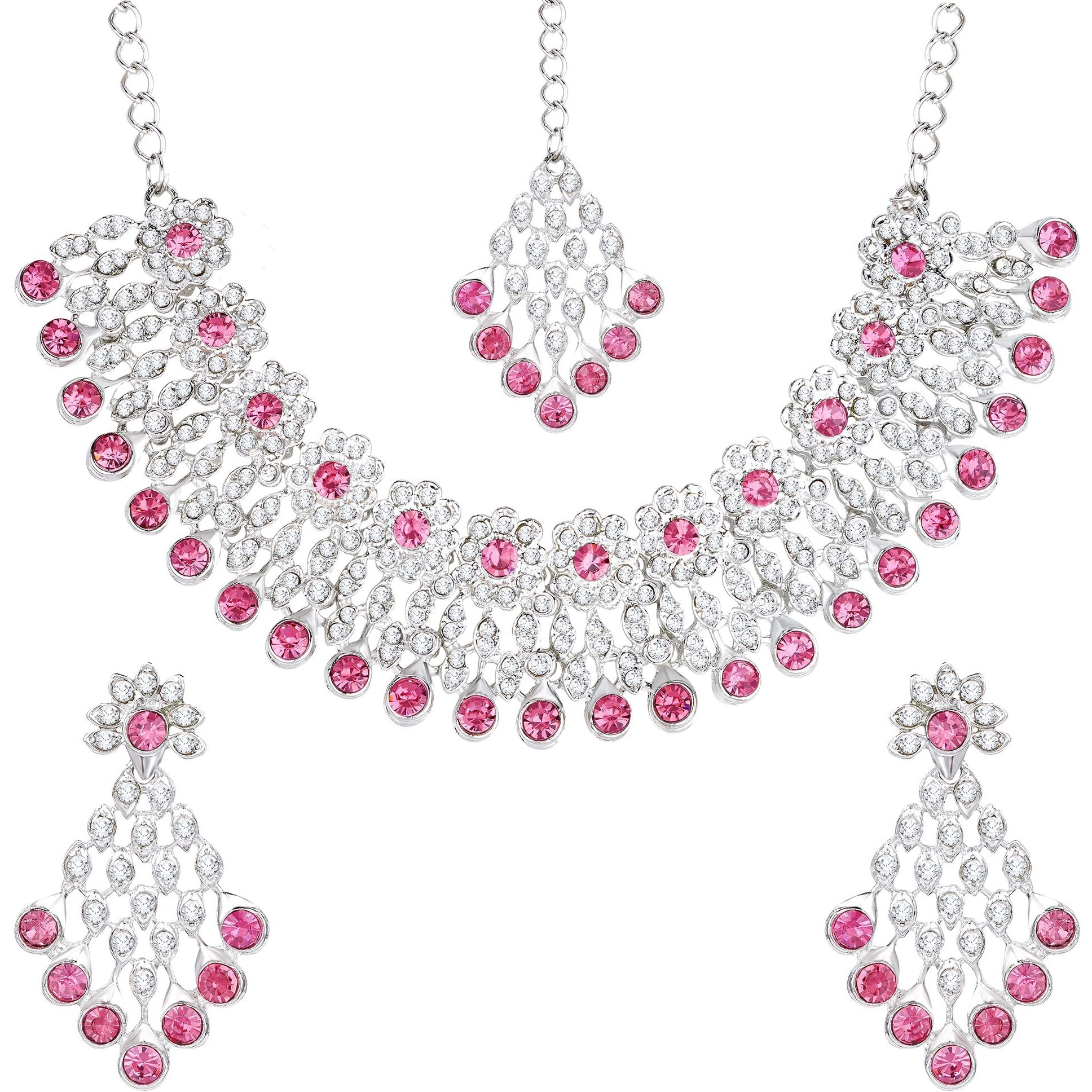 Atasi International Women Silver Plated Pink Crystals Ad Diamond Necklace Set With Earrings And Maang Tikka, Suitable For Bridal, Wedding, Party (Rp5379)