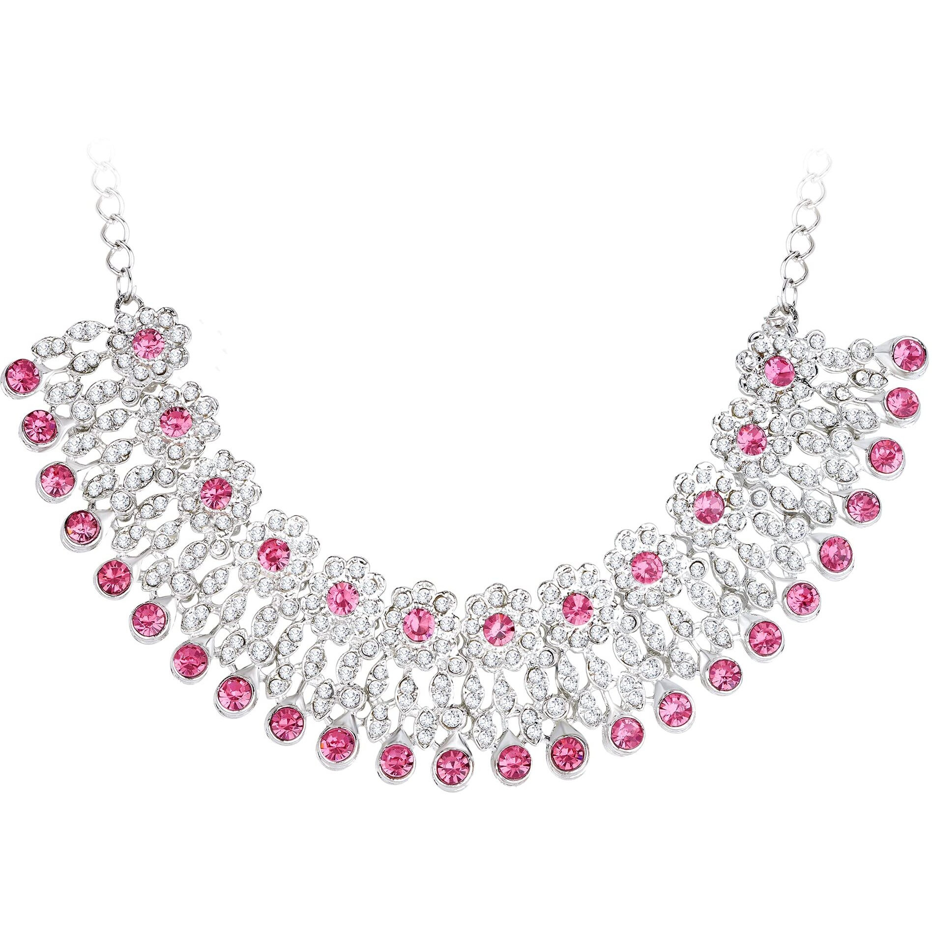 Atasi International Women Silver Plated Pink Crystals Ad Diamond Necklace Set With Earrings And Maang Tikka, Suitable For Bridal, Wedding, Party (Rp5379)