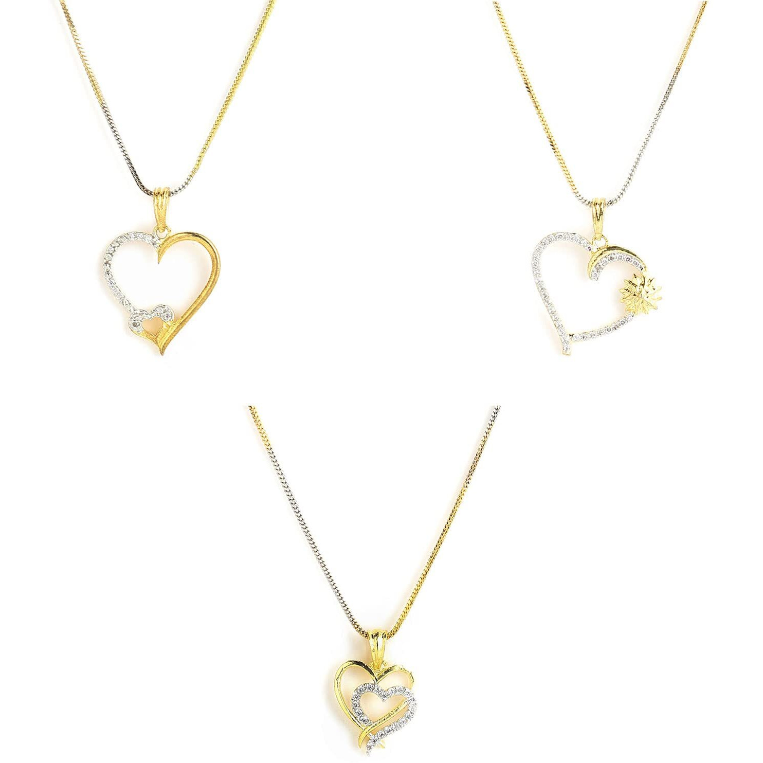 ZENEME Jewellery Set Gold Plated American Diamond Heart Shape and Crystal Style Pendant Necklace Set for Women and Girls Set Of 3 (Design 1)