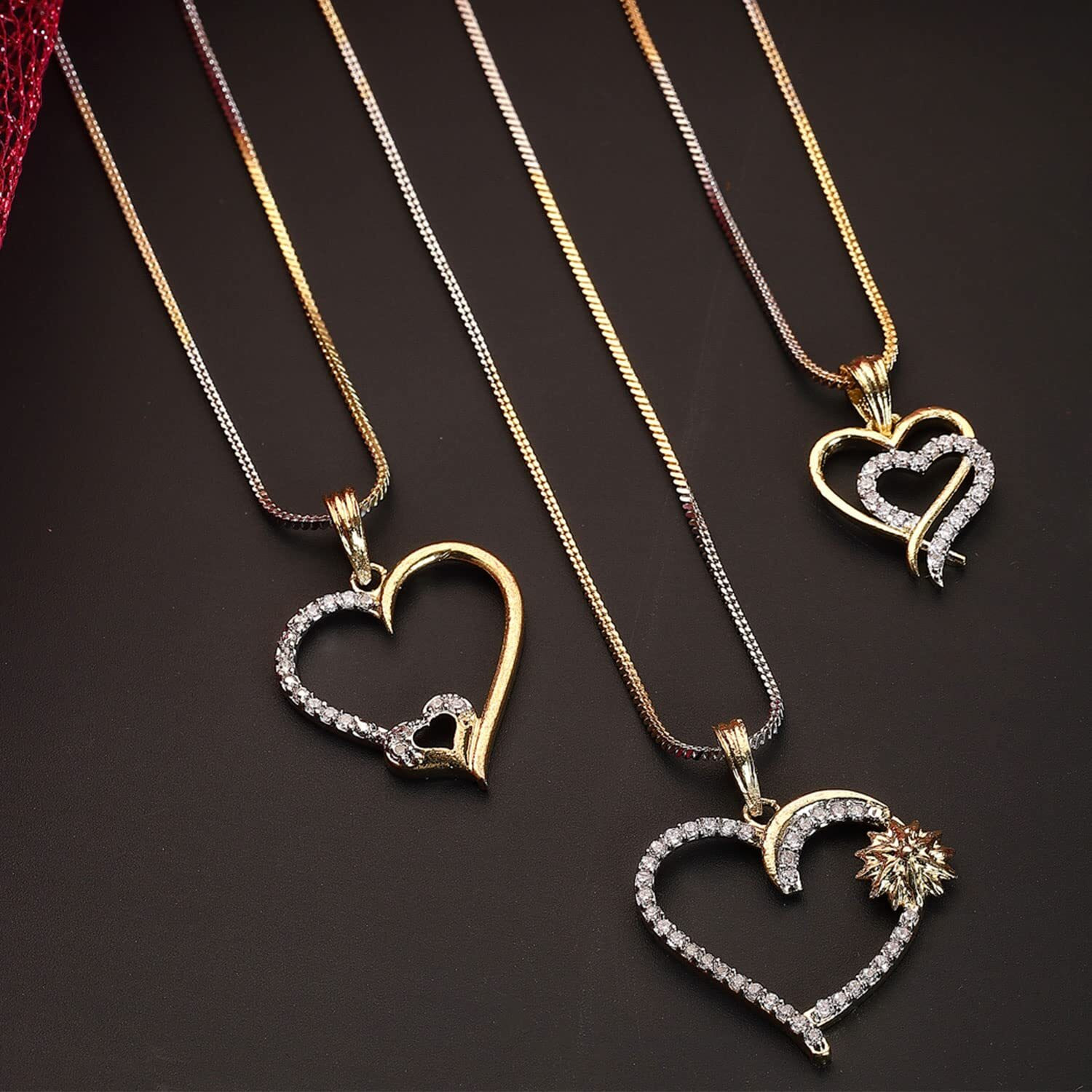 ZENEME Jewellery Set Gold Plated American Diamond Heart Shape and Crystal Style Pendant Necklace Set for Women and Girls Set Of 3 (Design 1)