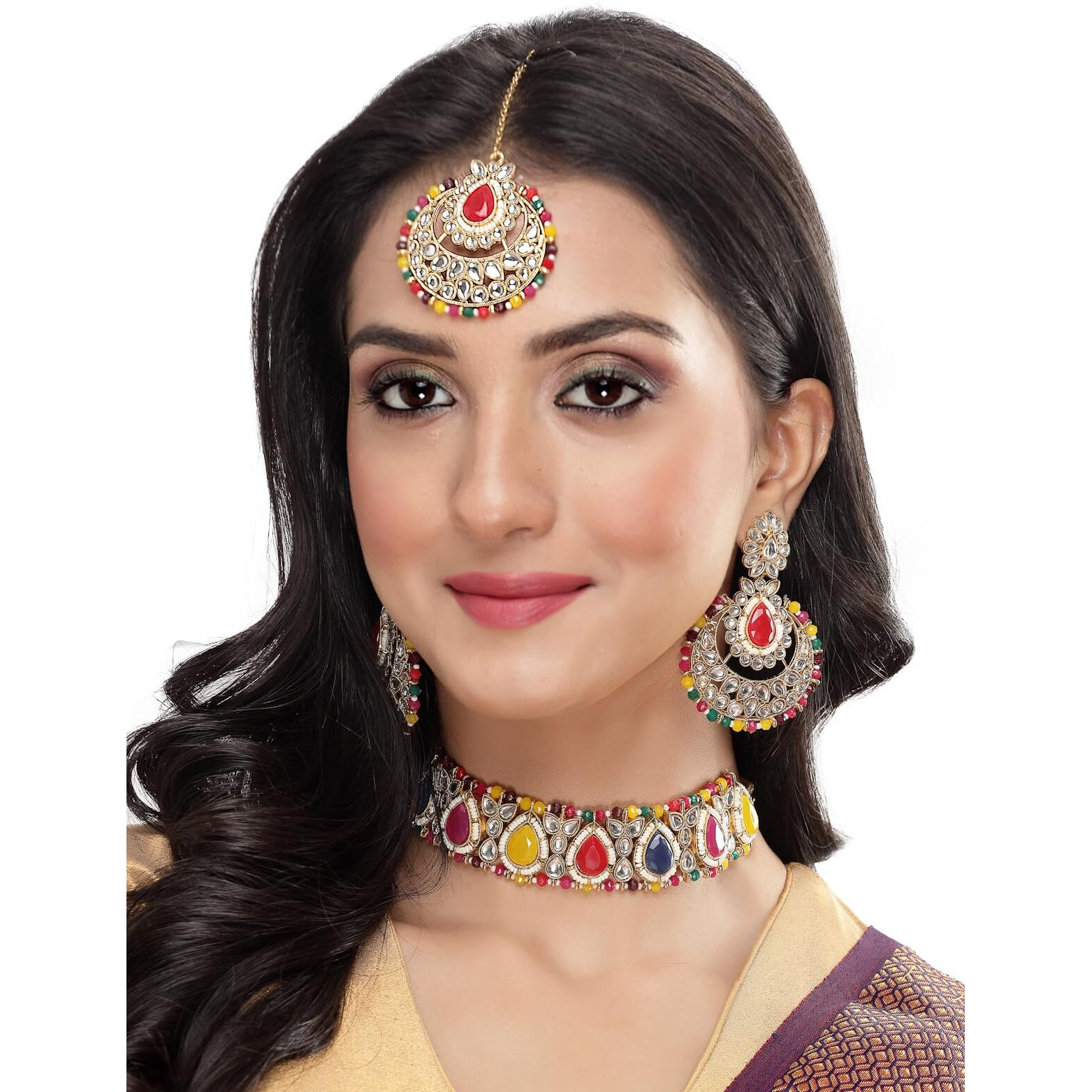 Sukkhi Incredible Drop Shaped Multicolor Kundan & Beads Choker Necklace Set With Earring And Maangtika | Jewellery Set For Women (NS105632)