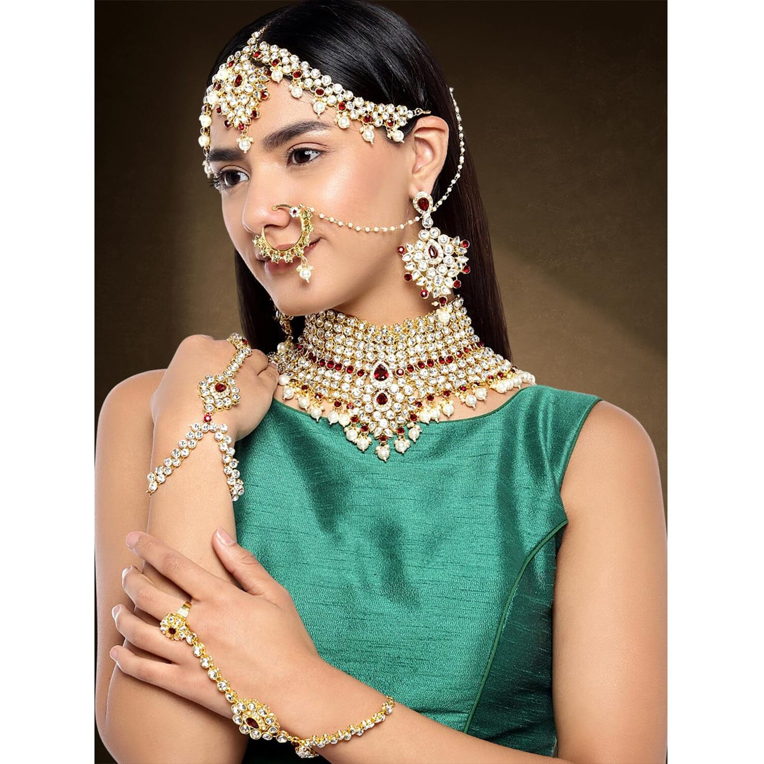 Peora Gold Plated American Diamond Jodha Akbar Bridal Choker Necklace Traditional Jewellery Set for Women Girls
