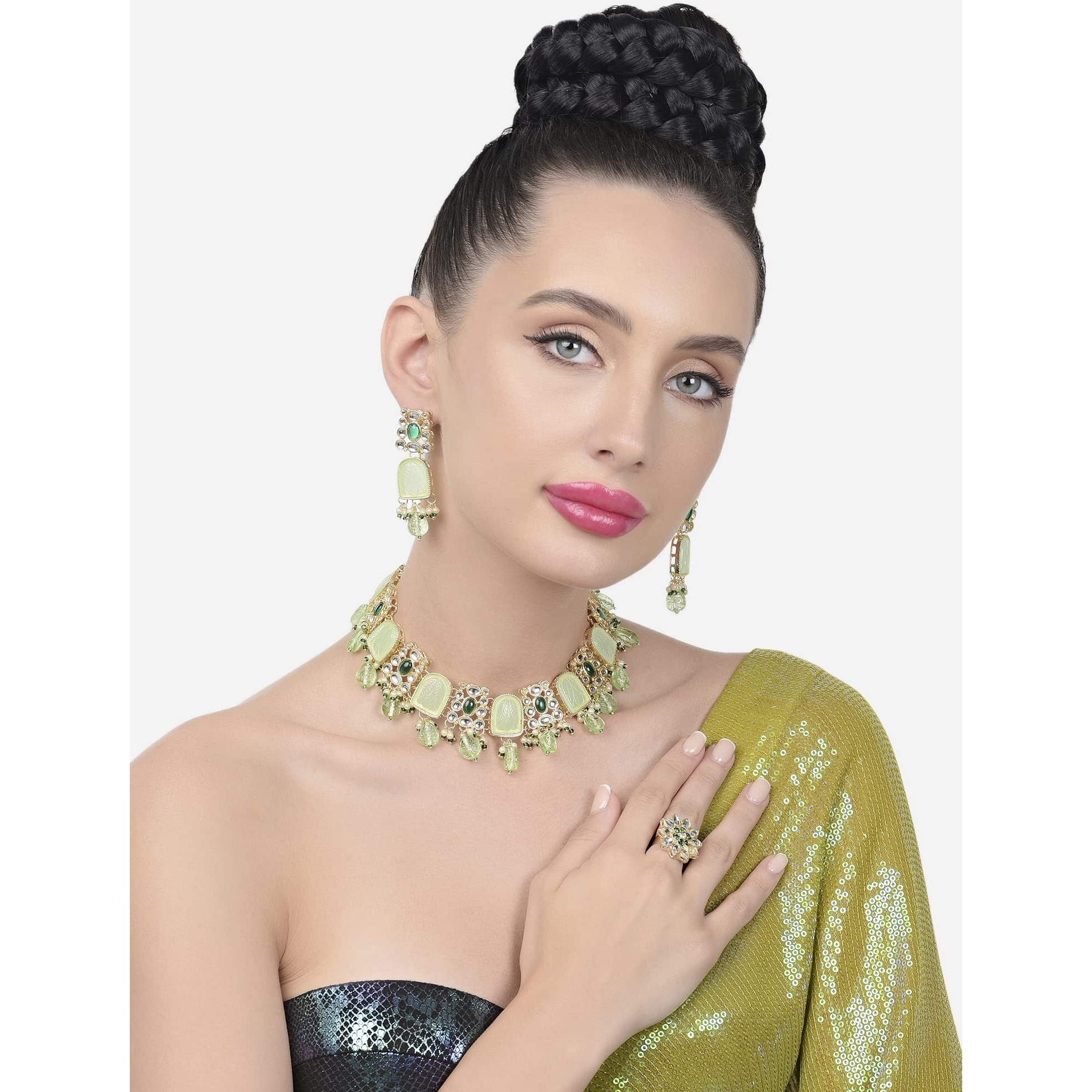 ZAVERI PEARLS Green Stones & Beads Kundan Choker Necklace Earring & Ring Set For Women-ZPFK15448