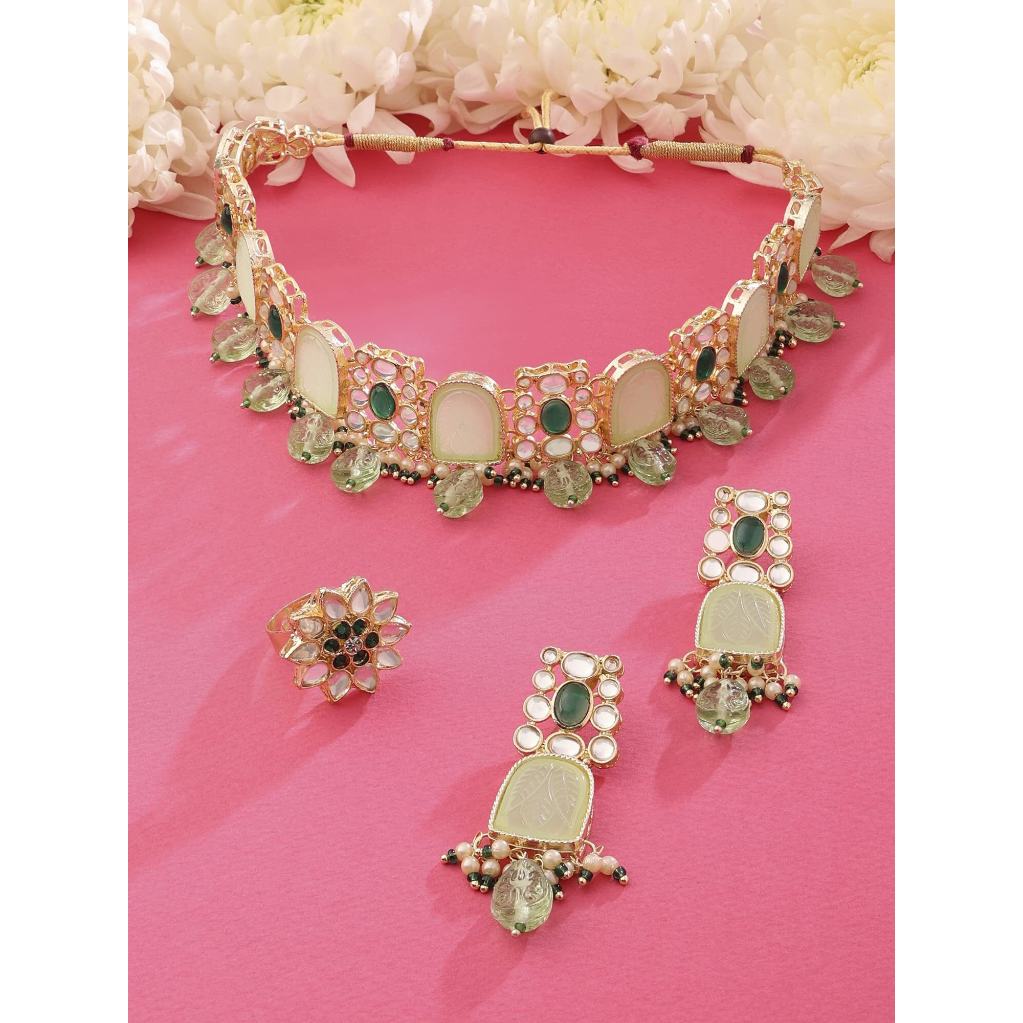 ZAVERI PEARLS Green Stones & Beads Kundan Choker Necklace Earring & Ring Set For Women-ZPFK15448