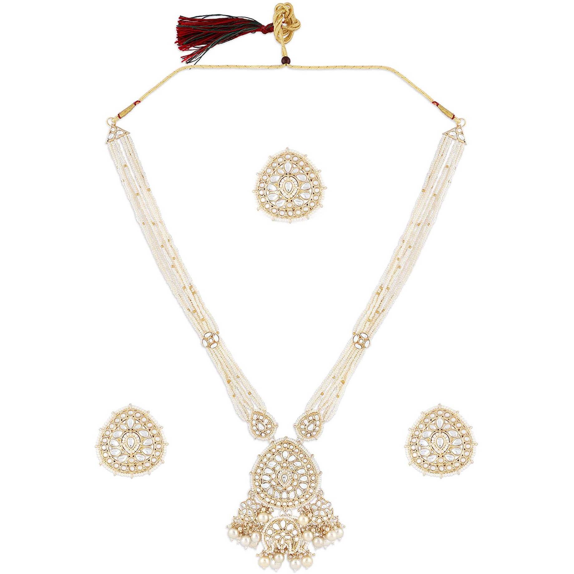 ZAVERI PEARLS Gold Tone Kundan Multistrand Long Bridal Necklace Earring & Ring Set For Women-ZPFK15913