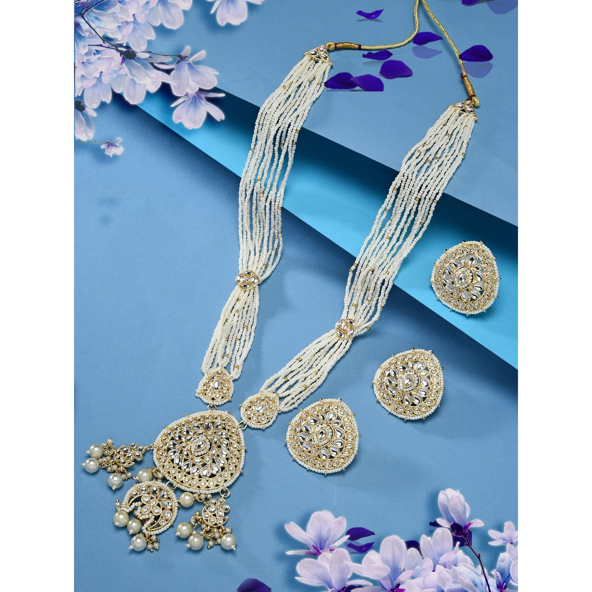 ZAVERI PEARLS Gold Tone Kundan Multistrand Long Bridal Necklace Earring & Ring Set For Women-ZPFK15913