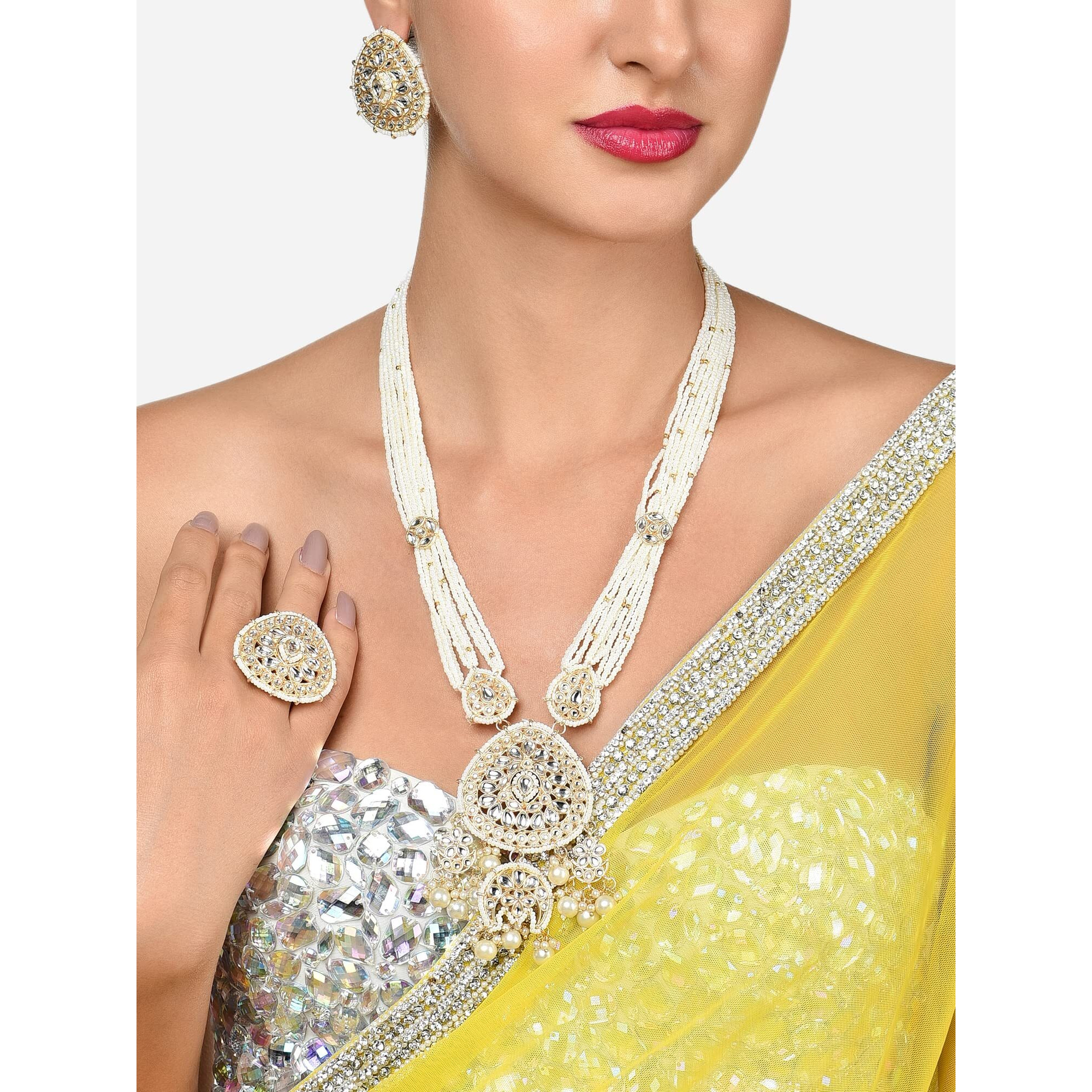 ZAVERI PEARLS Gold Tone Kundan Multistrand Long Bridal Necklace Earring & Ring Set For Women-ZPFK15913