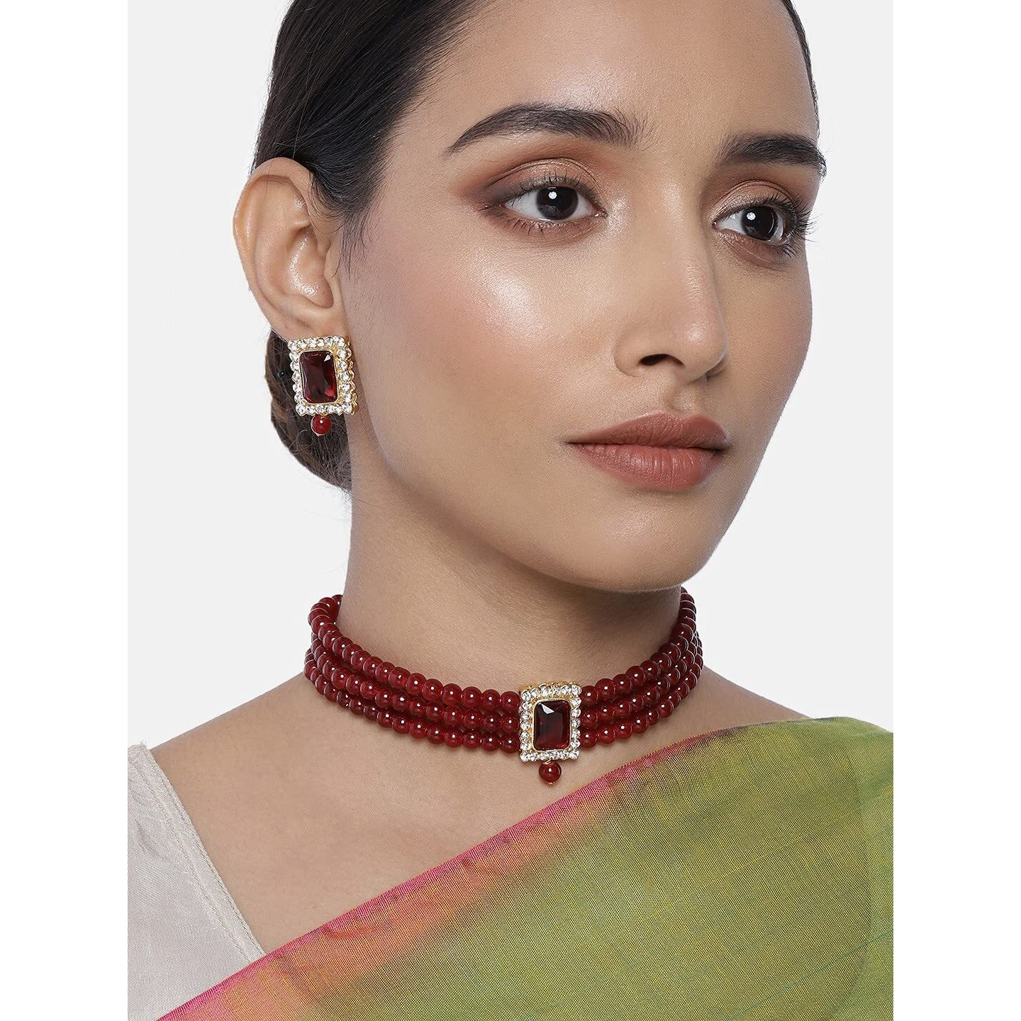 I Jewels Gold Plated Traditional Stone Pearl Choker Necklace Jewellery Set For Women/Girls (ML237MM)