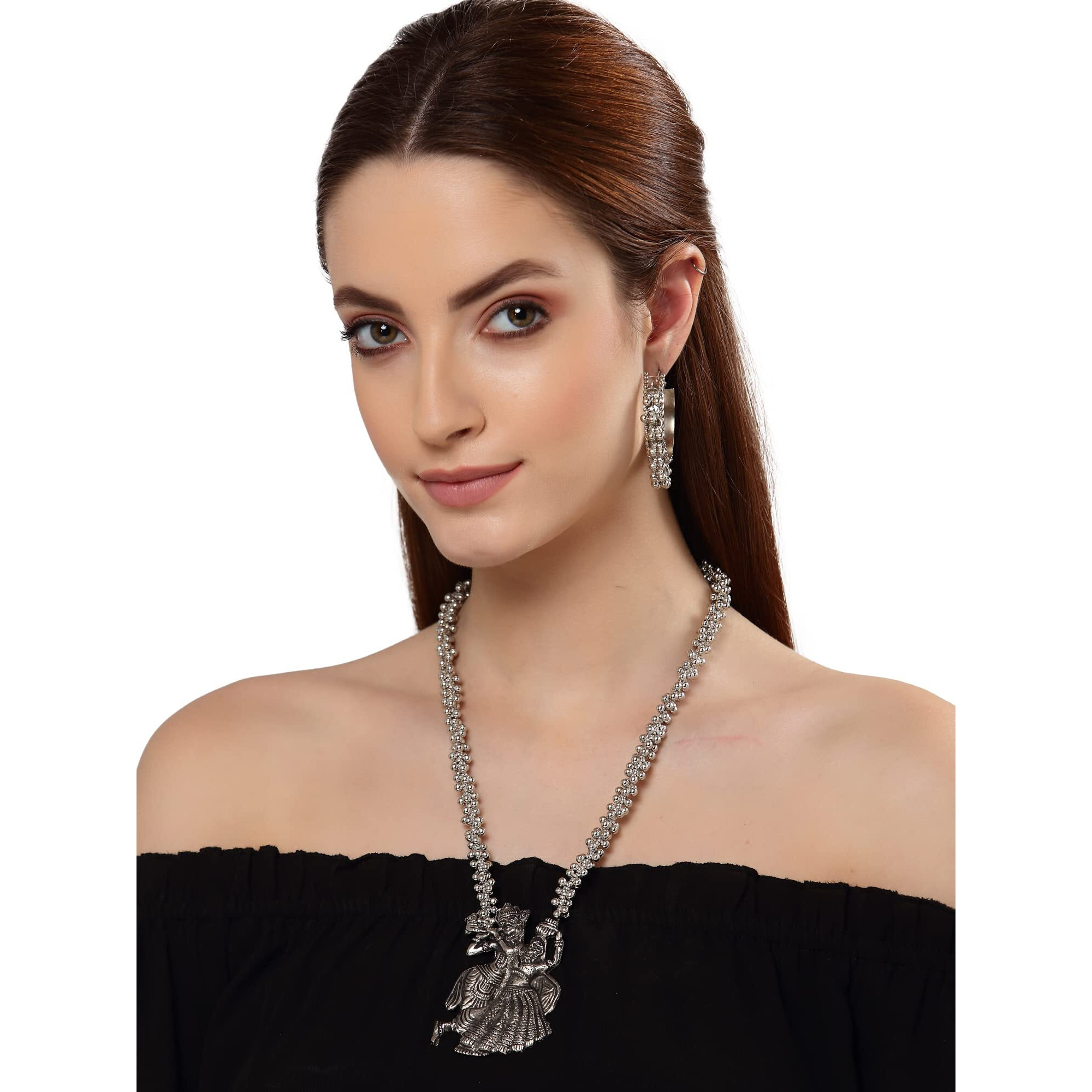 Shining Diva Fashion Latest Stylish Traditional Oxidised Silver Necklace Jewellery Set for Women (13135s)