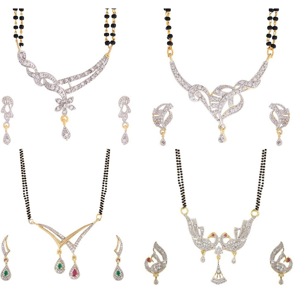ZENEME White American Diamond Combo Of 4 Mangalsutra With Earrings Set For Women (Design-5)