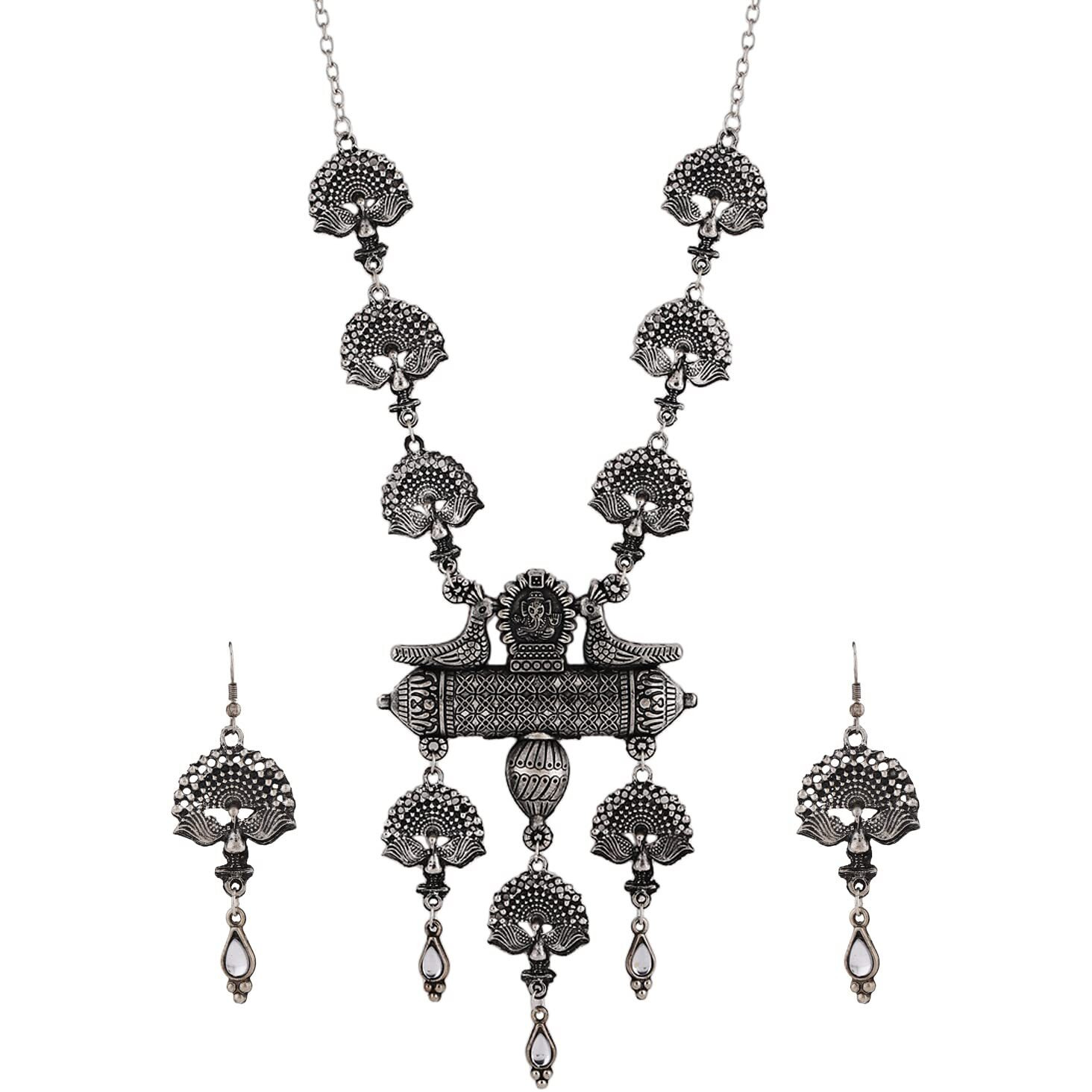 Shining Diva Fashion Latest Stylish Traditional Oxidised Silver Necklace Jewellery Set for Women (13160s)