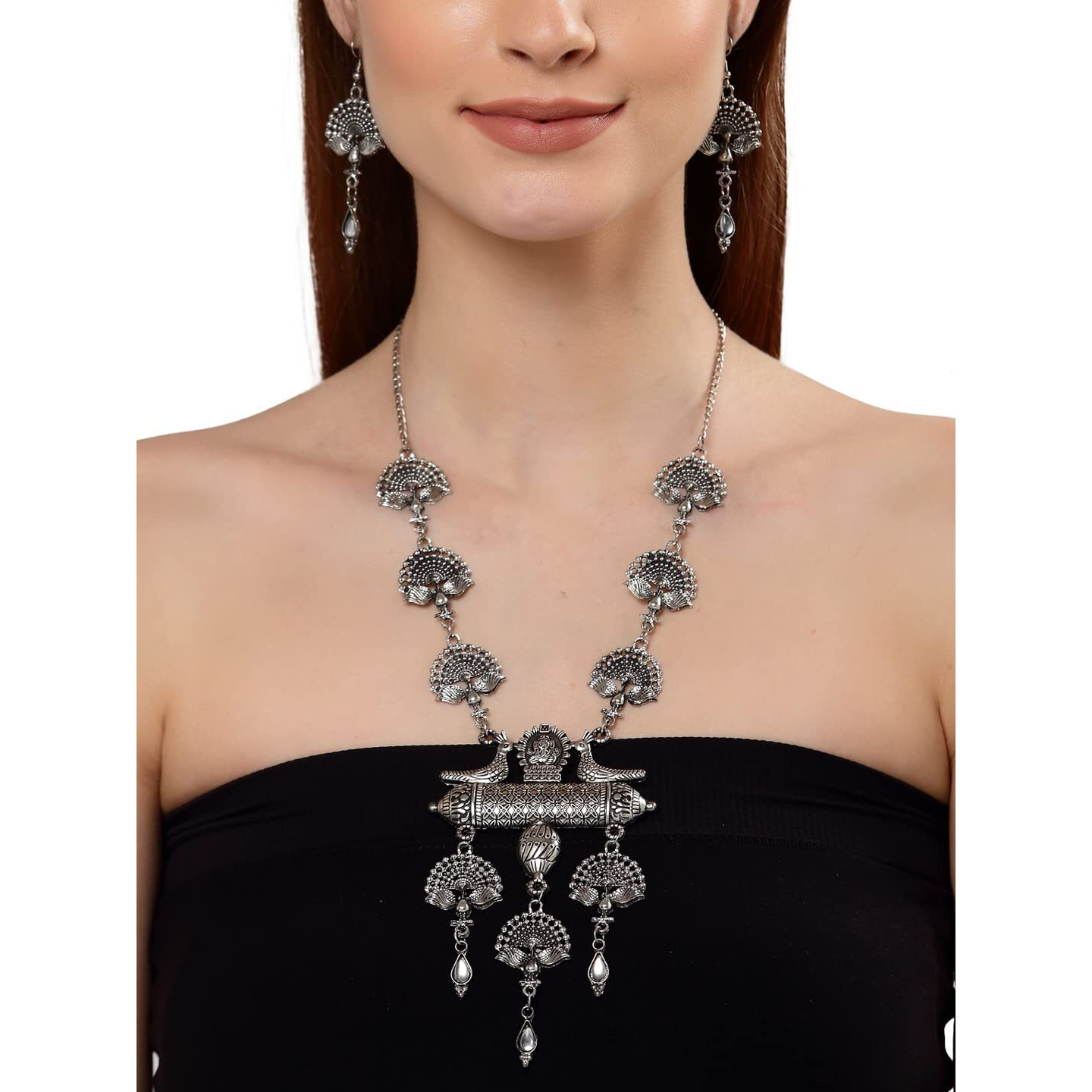 Shining Diva Fashion Latest Stylish Traditional Oxidised Silver Necklace Jewellery Set for Women (13160s)