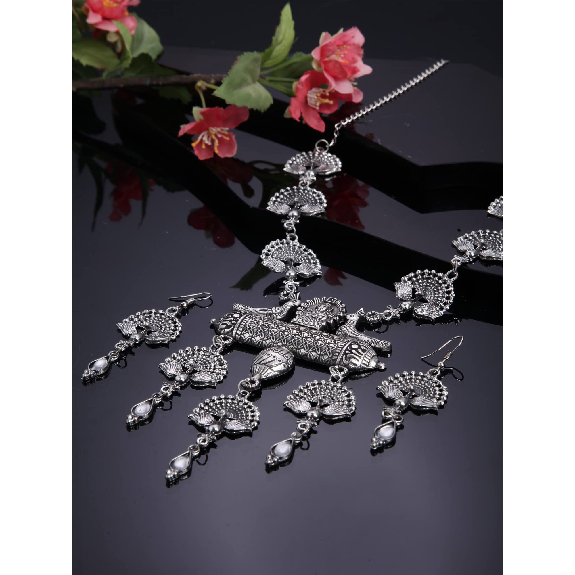Shining Diva Fashion Latest Stylish Traditional Oxidised Silver Necklace Jewellery Set for Women (13160s)