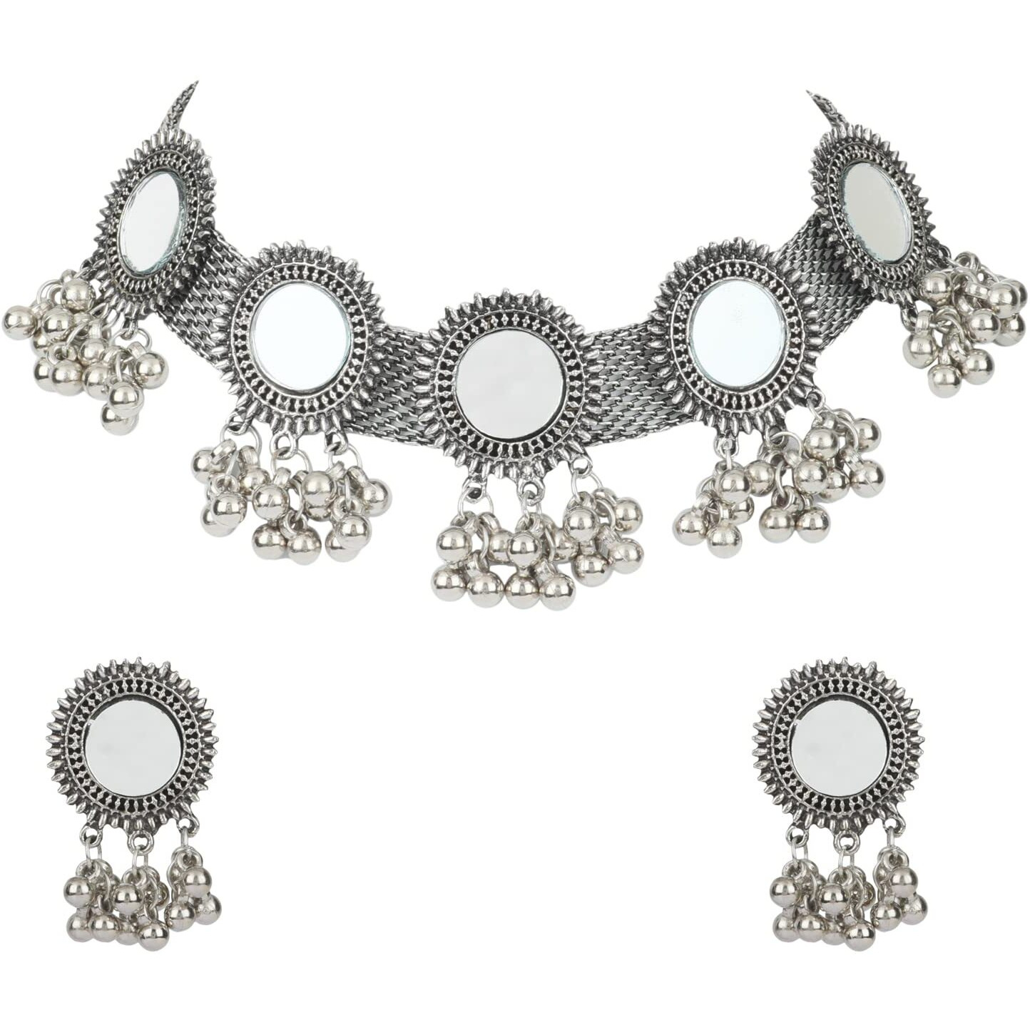 Shining Diva Fashion Latest Stylish Fancy Oxidised Silver Tribal Choker Necklace Jewellery Set for Women (12162s)
