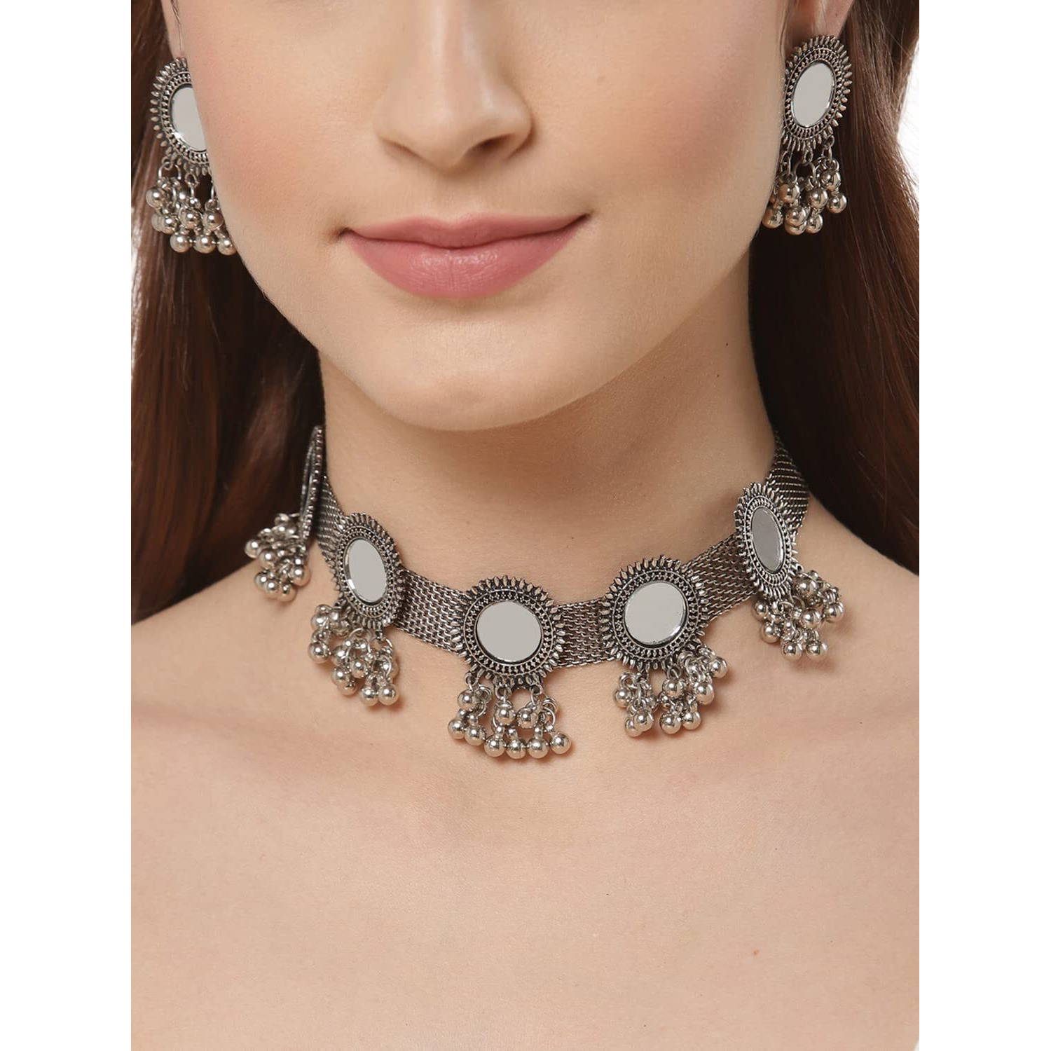Shining Diva Fashion Latest Stylish Fancy Oxidised Silver Tribal Choker Necklace Jewellery Set for Women (12162s)