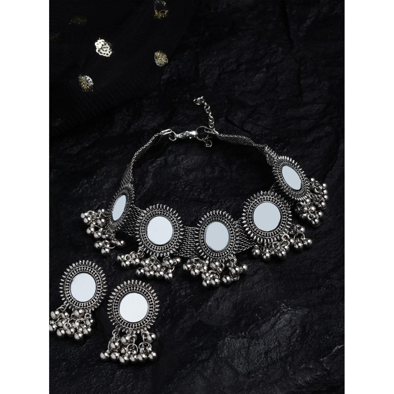 Shining Diva Fashion Latest Stylish Fancy Oxidised Silver Tribal Choker Necklace Jewellery Set for Women (12162s)