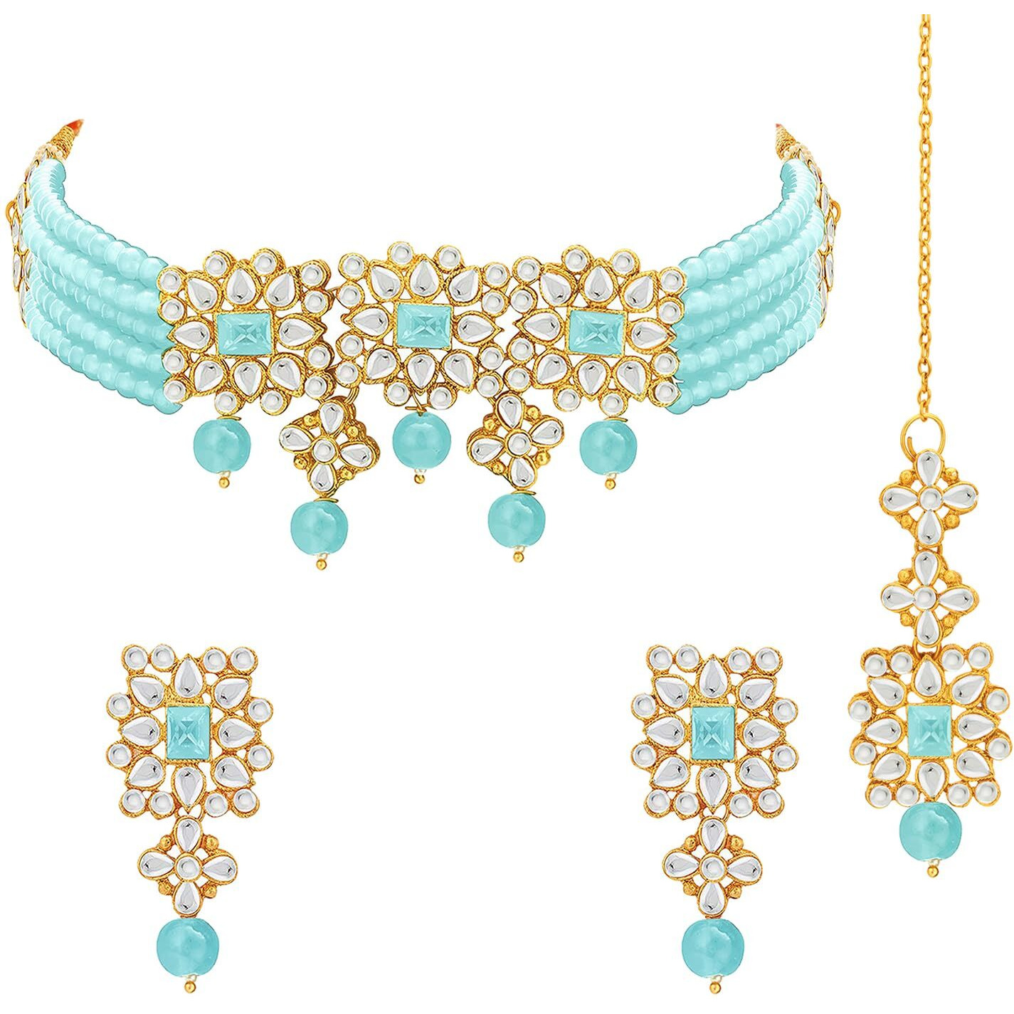Peora Gold Plated Pearl Beaded Studded Choker Necklace with Earring Maang Tikka Jewellery Set for Women (Sky Blue)