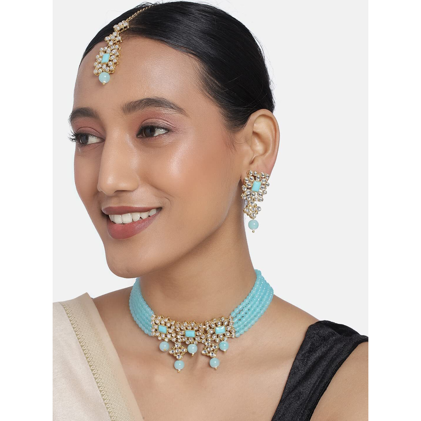 Peora Gold Plated Pearl Beaded Studded Choker Necklace with Earring Maang Tikka Jewellery Set for Women (Sky Blue)