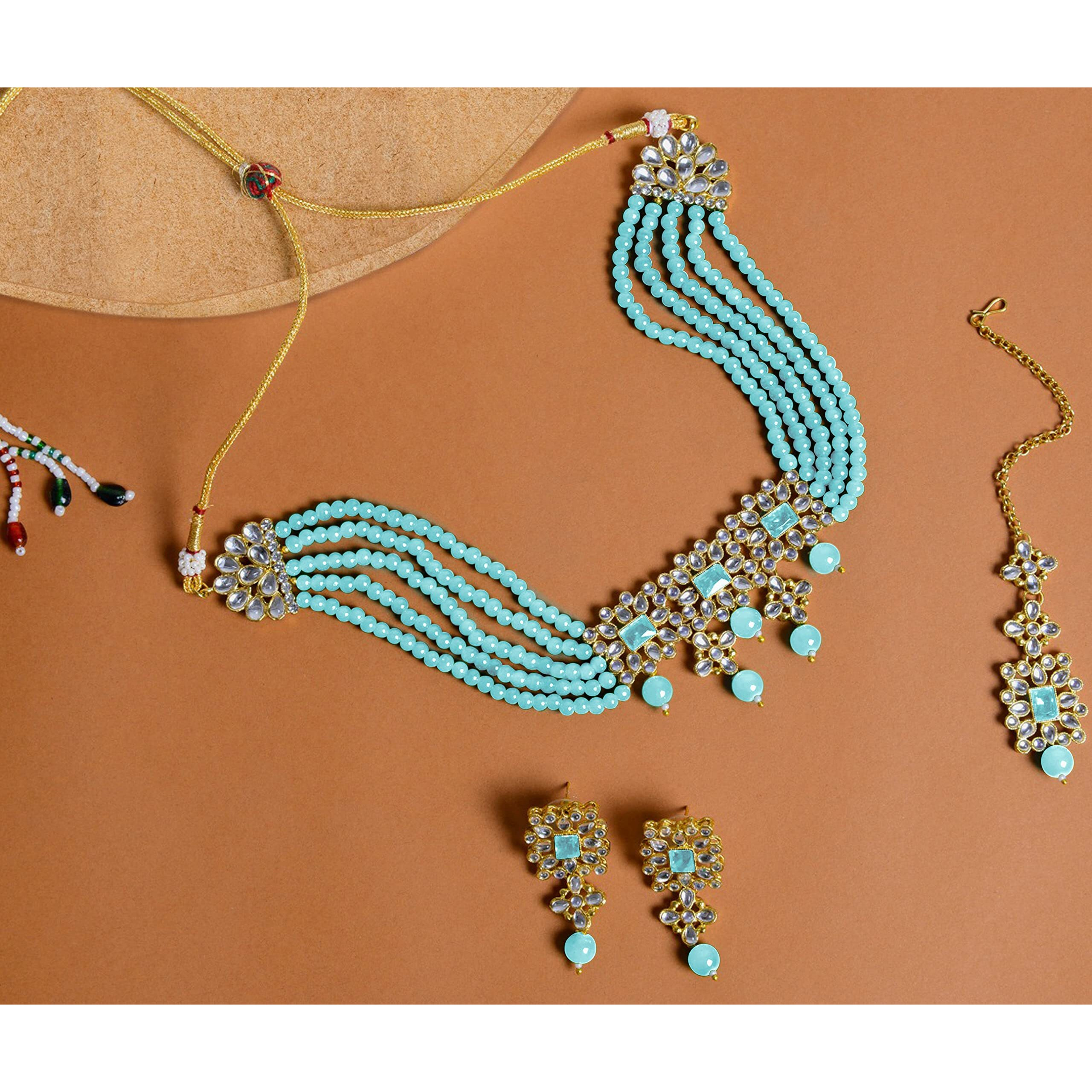 Peora Gold Plated Pearl Beaded Studded Choker Necklace with Earring Maang Tikka Jewellery Set for Women (Sky Blue)