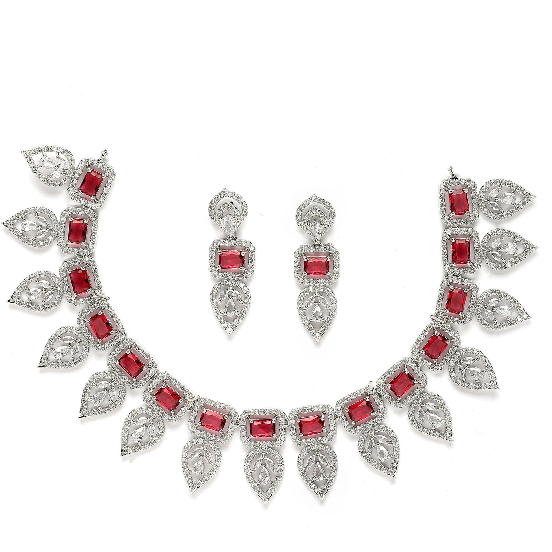 ZENEME Jewellery Set Leaf Style AD/American Diamond Rectangle Shaped Studded Rose Gold Plated Handcrafted Circle Necklace Set for Women & Girls (Red)