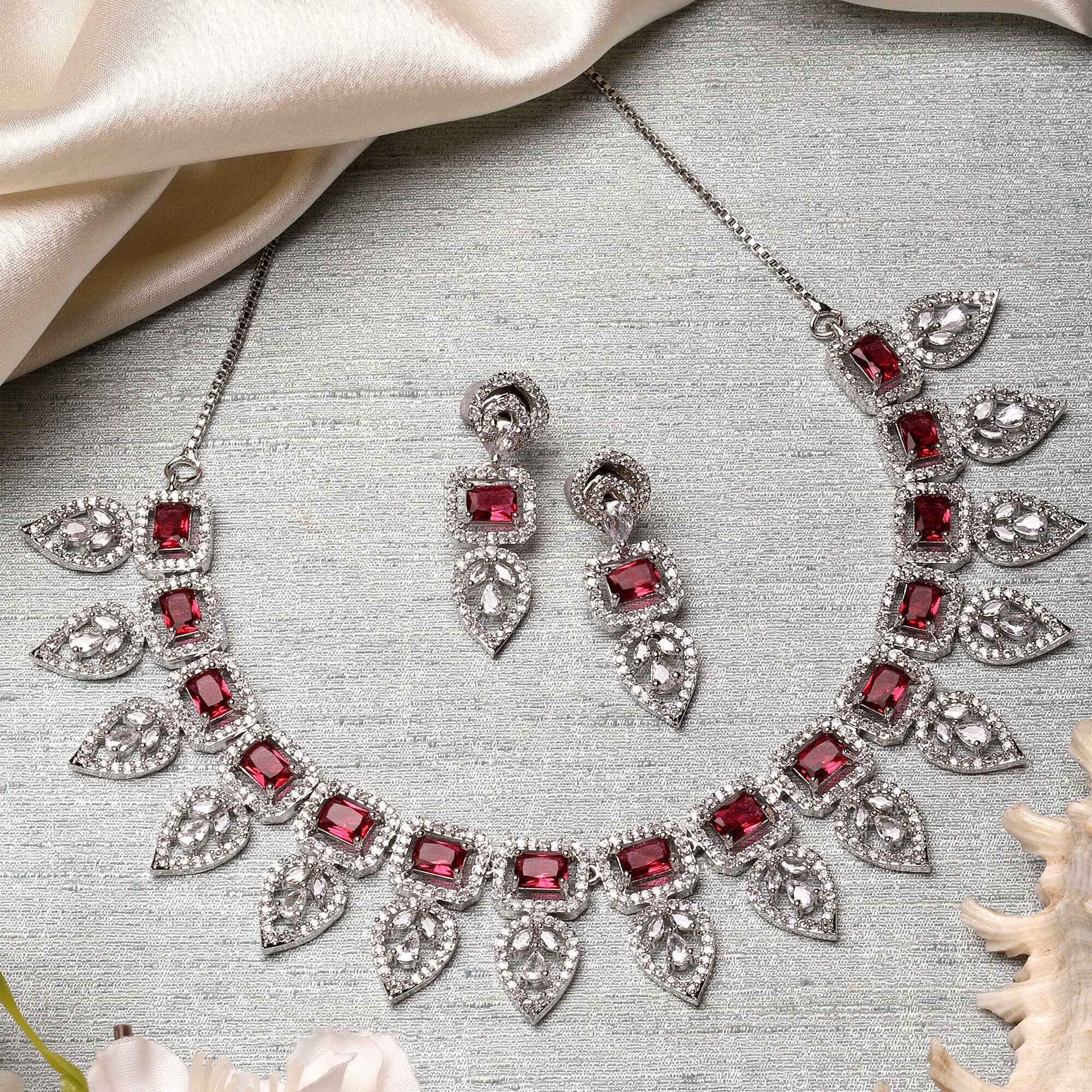 ZENEME Jewellery Set Leaf Style AD/American Diamond Rectangle Shaped Studded Rose Gold Plated Handcrafted Circle Necklace Set for Women & Girls (Red)