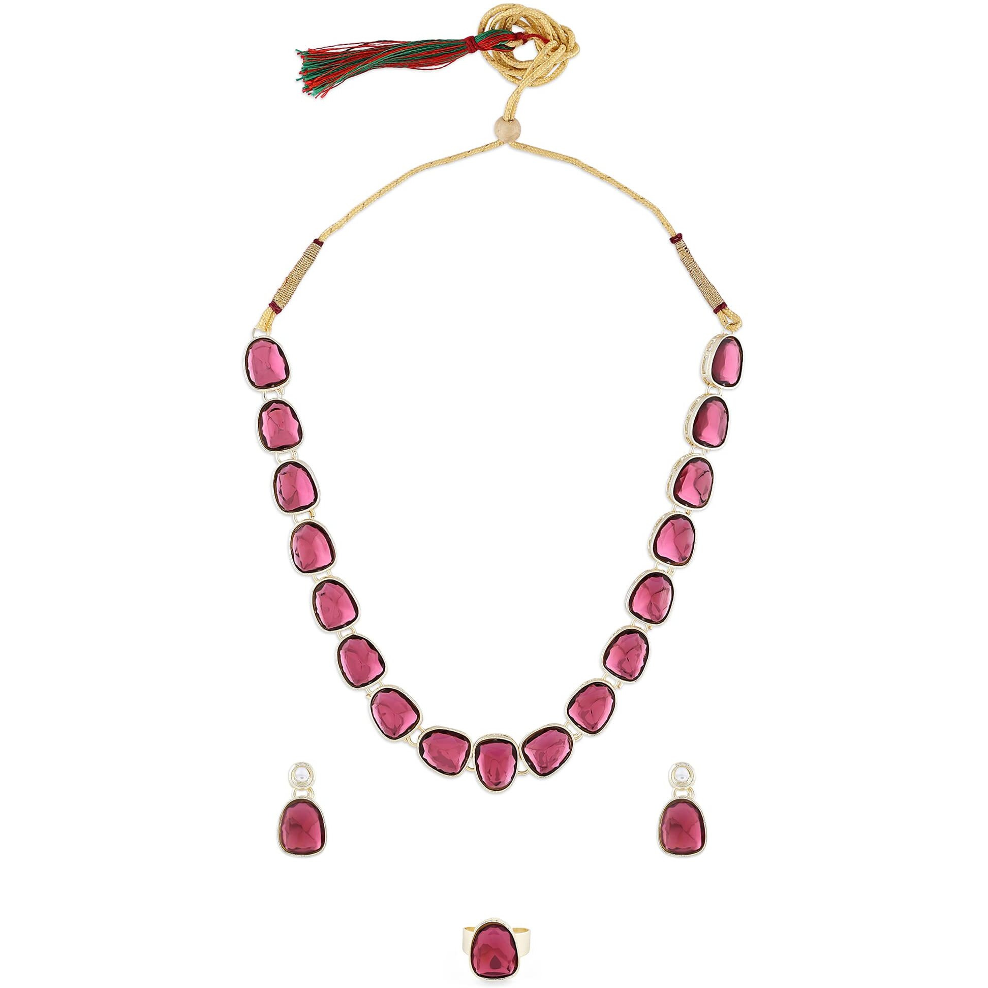 ZAVERI PEARLS Wine Color Stones Embellished Fusion Necklace Earring & Ring Set For Women-ZPFK15893